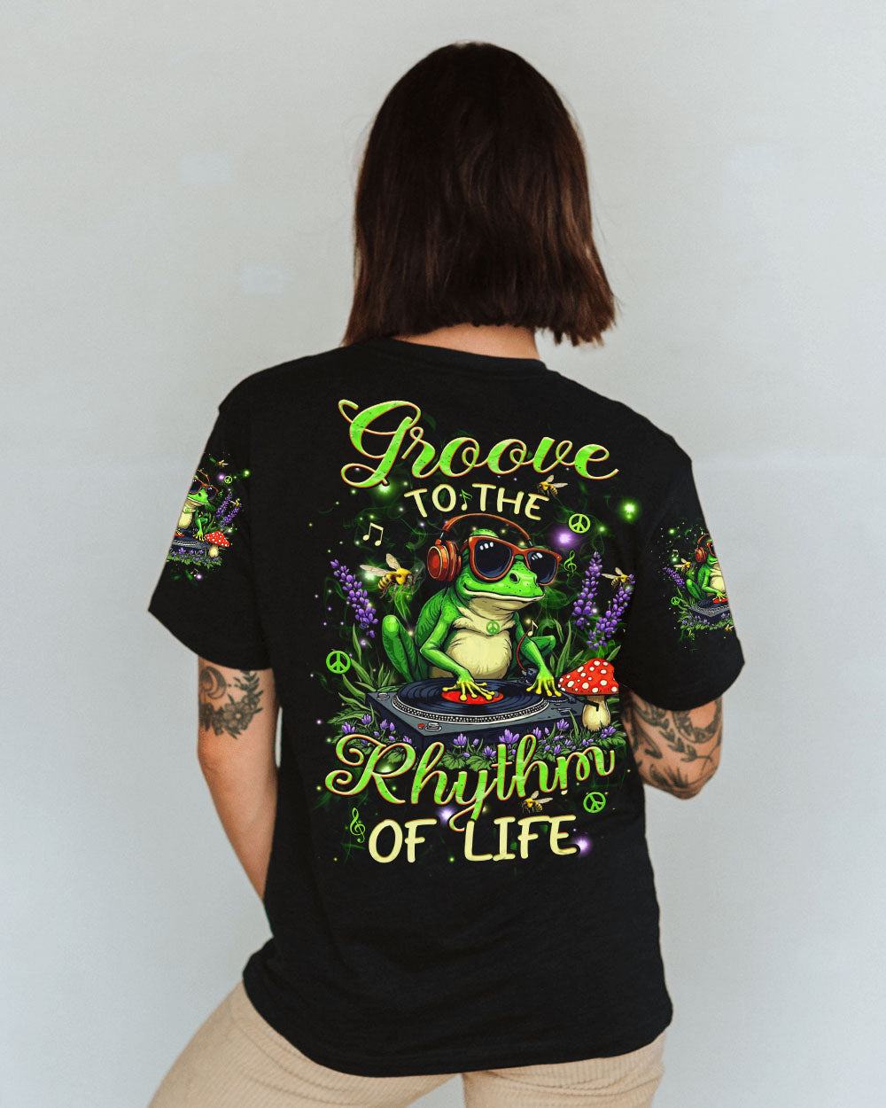 Groove to the Rhythm of Life DJ Frog Music Headphones and Mushrooms AOP Shirts _10_ Ld7mF