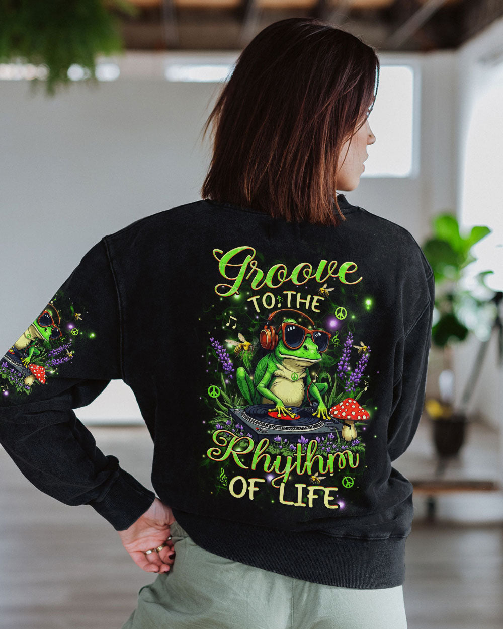 Groove to the Rhythm of Life DJ Frog Music Headphones and Mushrooms AOP Shirts _3_ uacie
