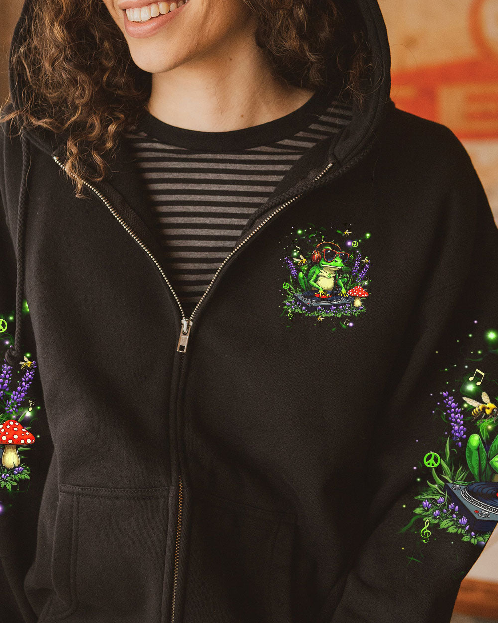 Groove to the Rhythm of Life DJ Frog Music Headphones and Mushrooms AOP Shirts _4_ 7IWoS