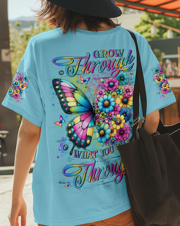 Grow Through What You Go Through - Colorful Butterfly and Floral - AOP Shirts
