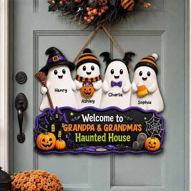 Halloween Welcome To Grandma Grandpa Haunted House Cute Boo Kids - Personalized Wood Sign - Gift For Halloween