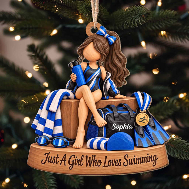 Just A Girl Who Loves Swimming- Personalized Wood Ornament - Gift For Family