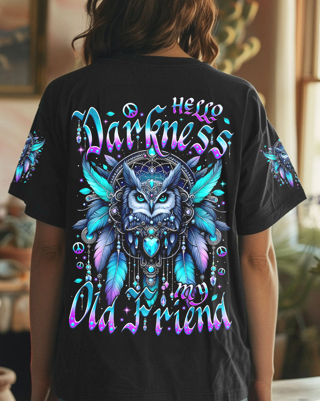 Hello Darkness Owl Friend Mystical Owl Design with Feathers _26 Gemstones AOP Shirts _1_ FwrEj