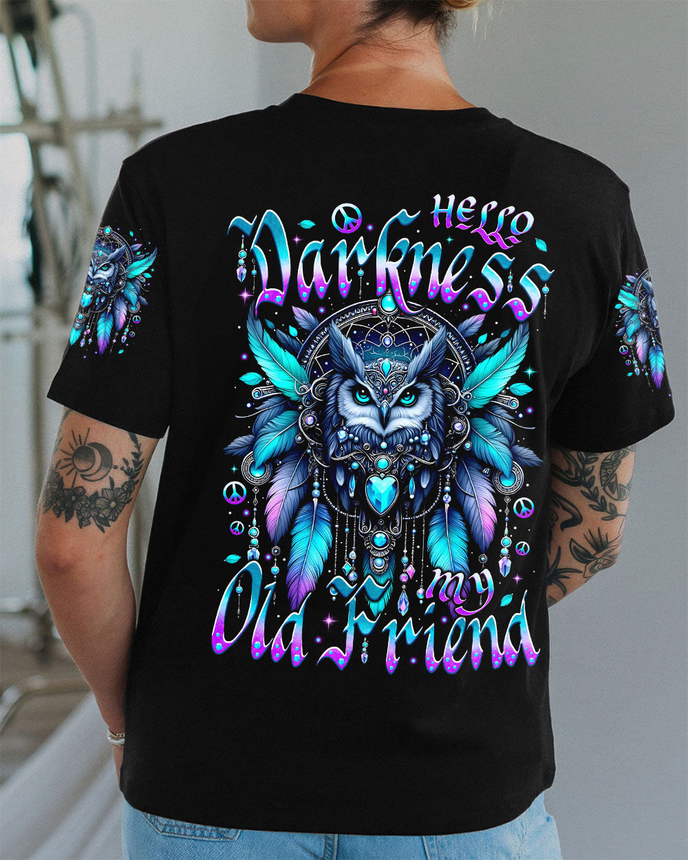 Hello Darkness Owl Friend Mystical Owl Design with Feathers _26 Gemstones AOP Shirts _3_ i8HTW