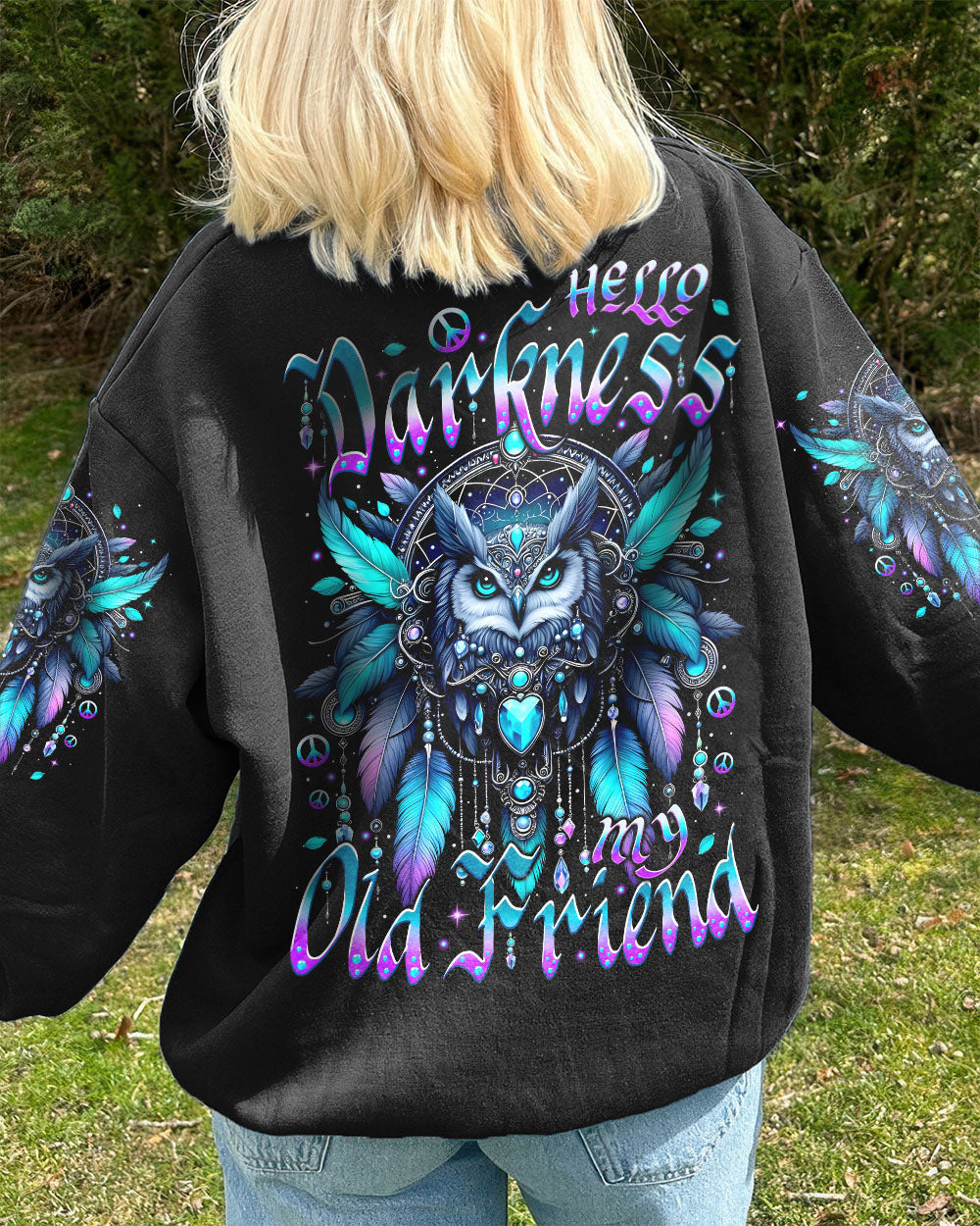 Hello Darkness Owl Friend Mystical Owl Design with Feathers _26 Gemstones AOP Shirts _7_ 1UEls