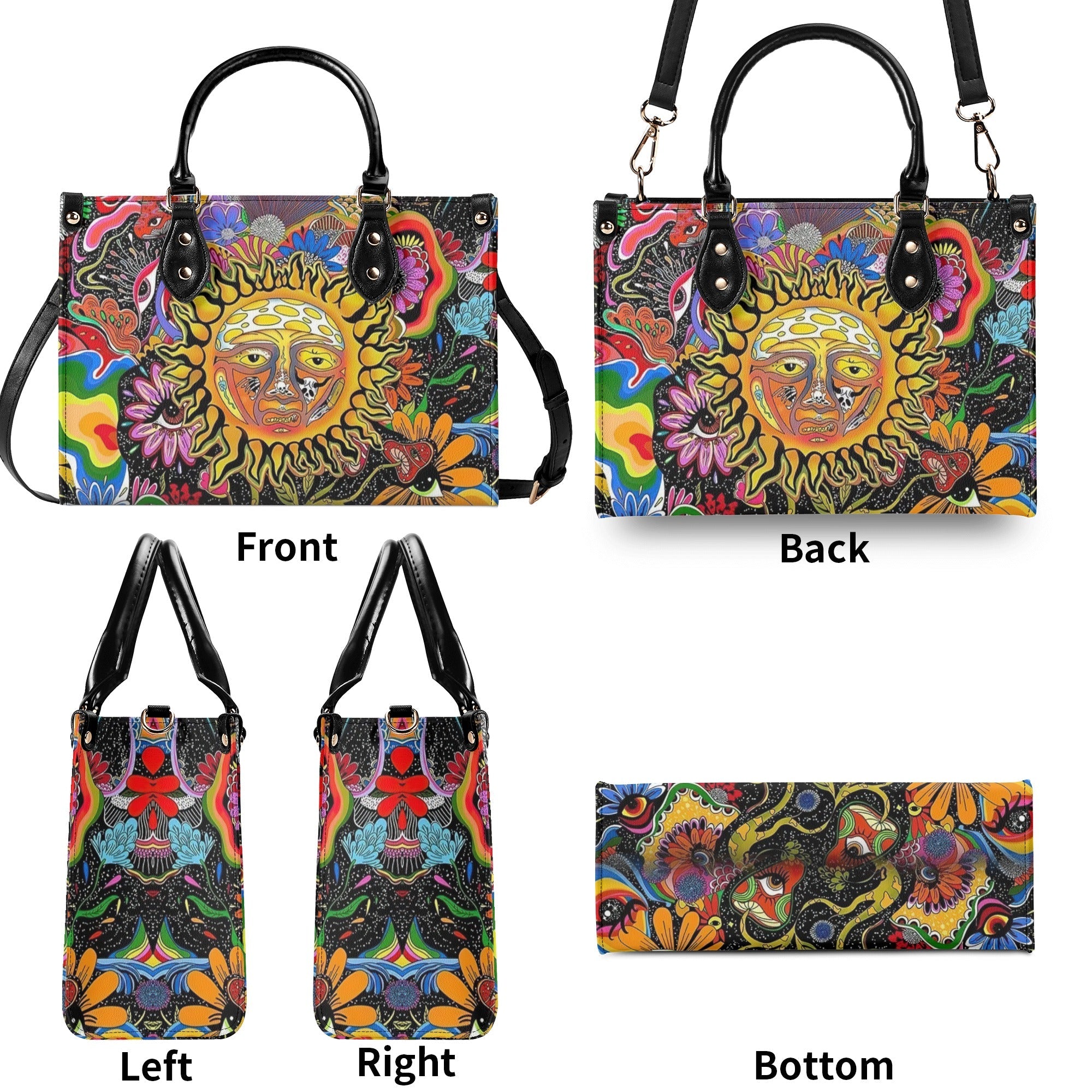 Hippie Psychedelic Sun Face With Flowers Trippy Boho Leather Bag Gift for Women _10_ Iglt4