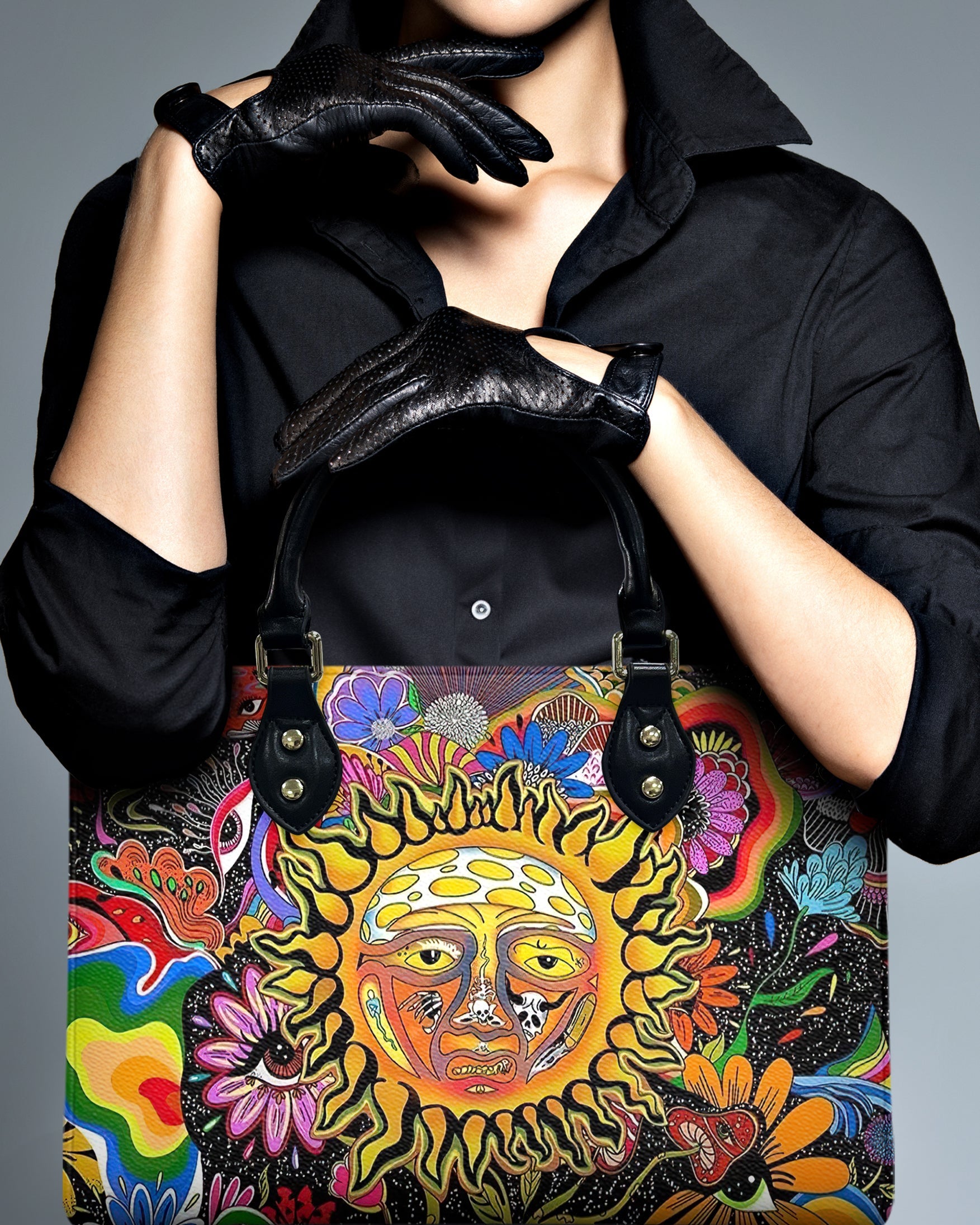 Hippie Psychedelic Sun Face With Flowers Trippy Boho Leather Bag Gift for Women _11_ x7kYI