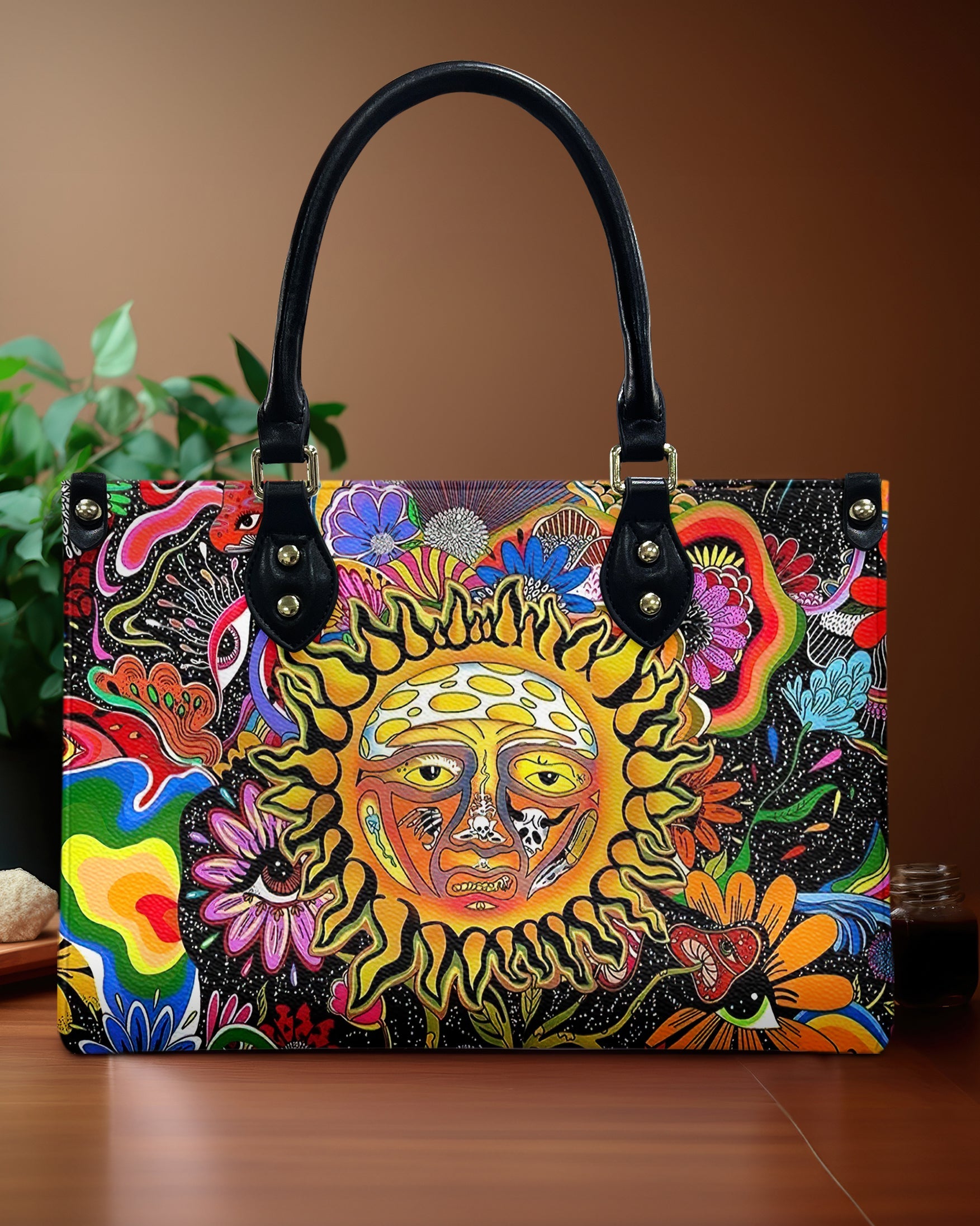 Hippie Psychedelic Sun Face With Flowers Trippy Boho Leather Bag Gift for Women _1_ hYOwQ