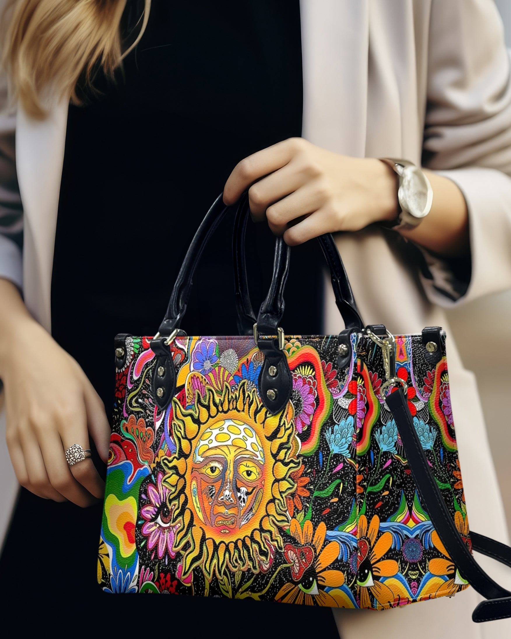 Hippie Psychedelic Sun Face With Flowers Trippy Boho Leather Bag Gift for Women _3_ Y9d6i
