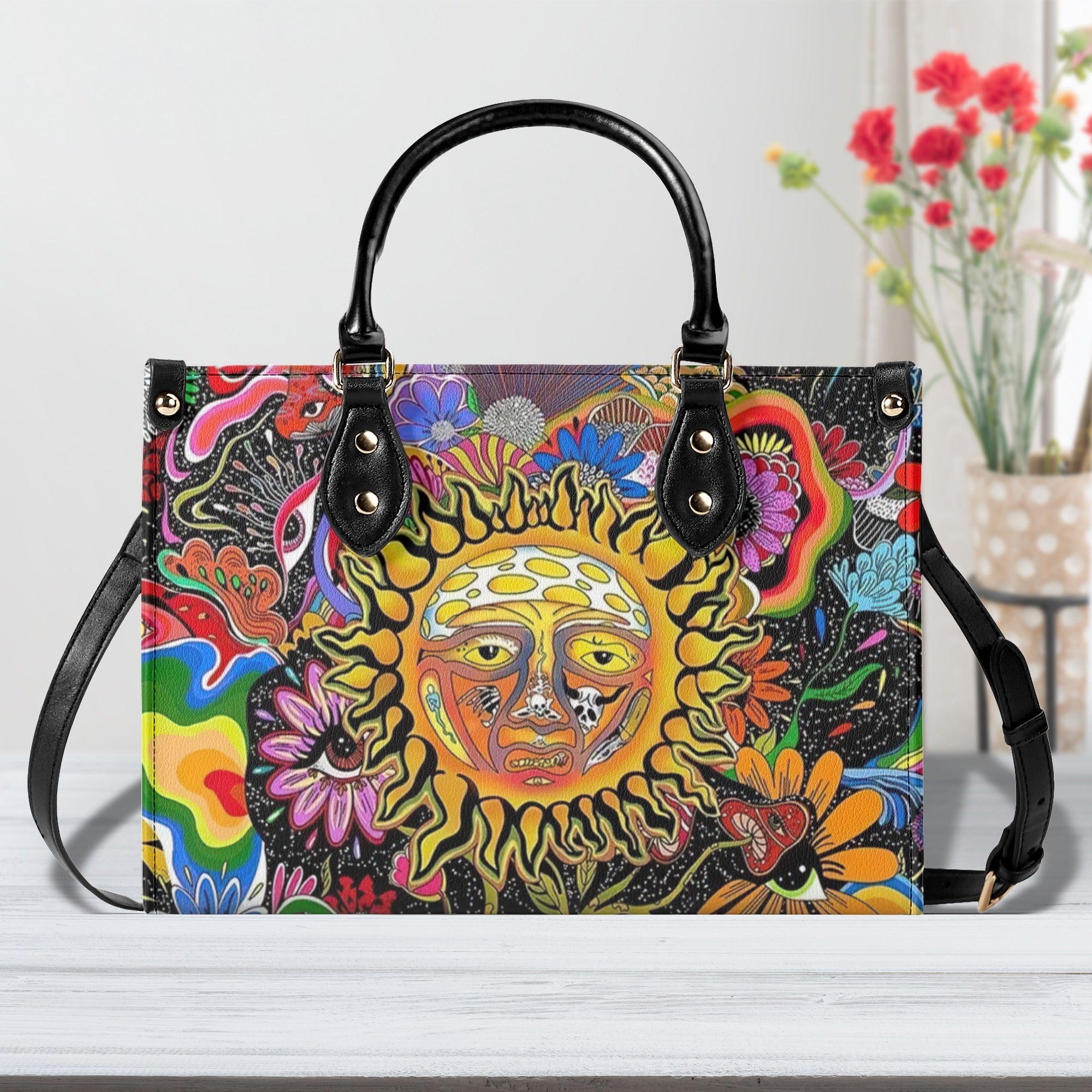 Hippie Psychedelic Sun Face With Flowers Trippy Boho Leather Bag Gift for Women _6_ JfPRH