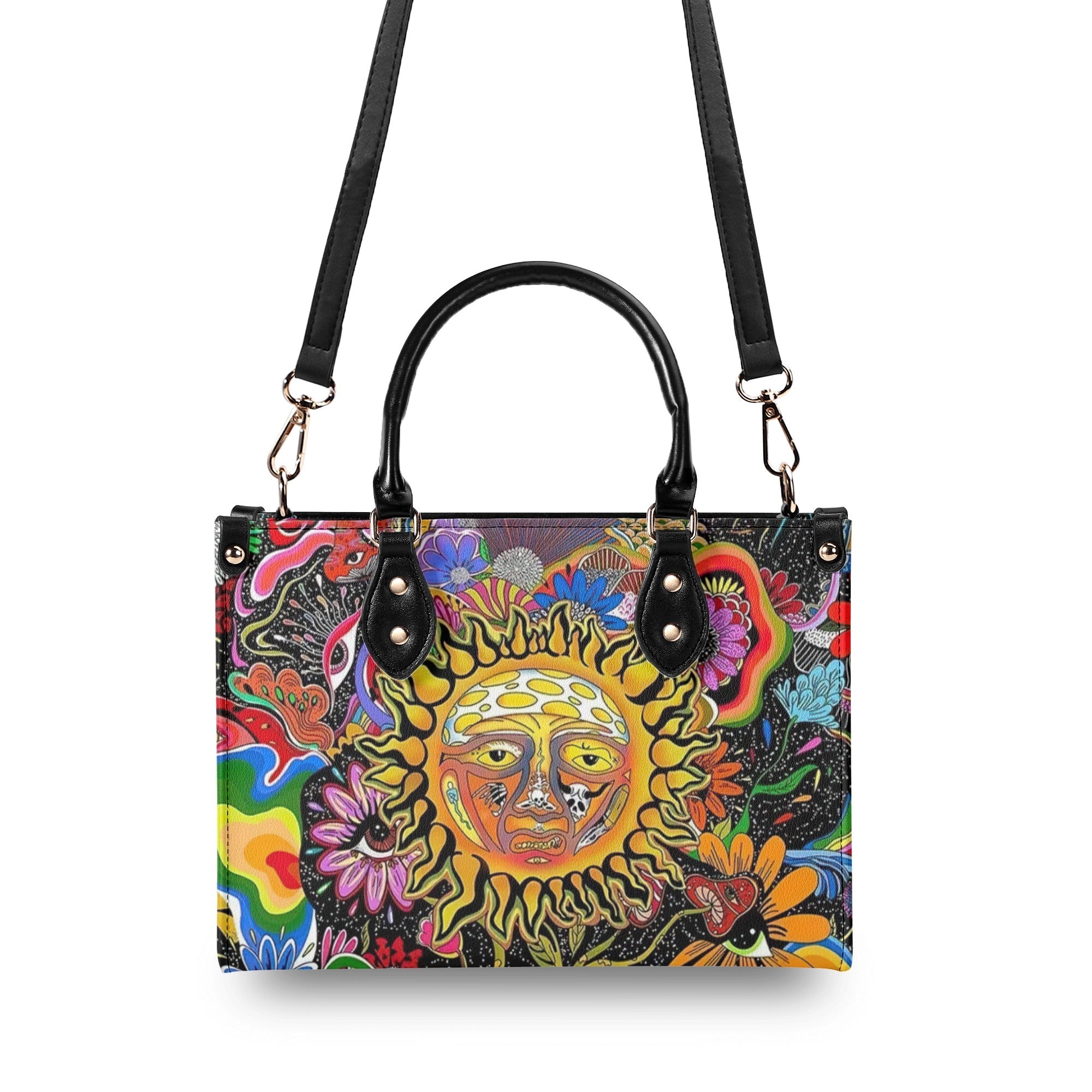 Hippie Psychedelic Sun Face With Flowers Trippy Boho Leather Bag Gift for Women _7_ JJ5zo