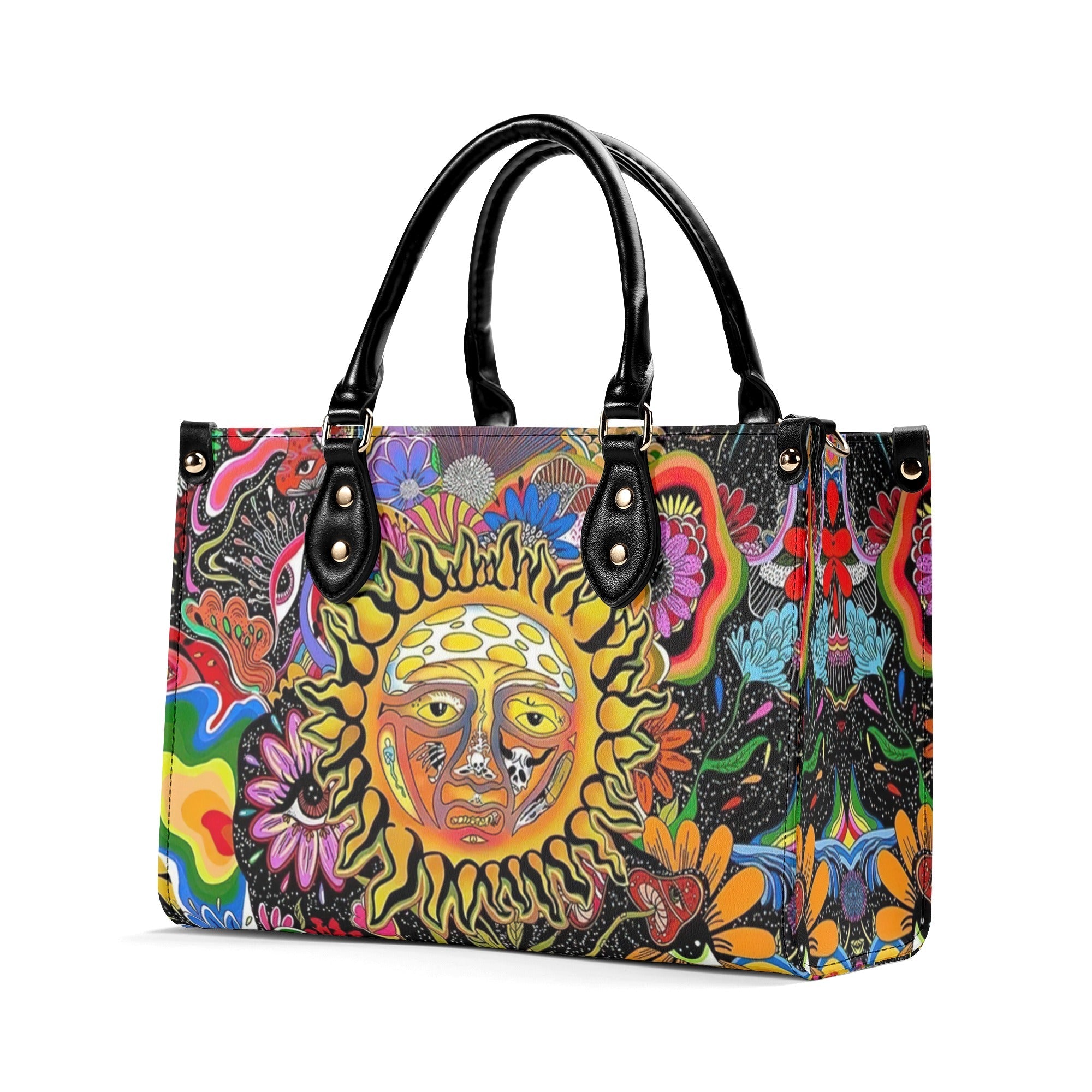 Hippie Psychedelic Sun Face With Flowers Trippy Boho Leather Bag Gift for Women _9_ hMvWs