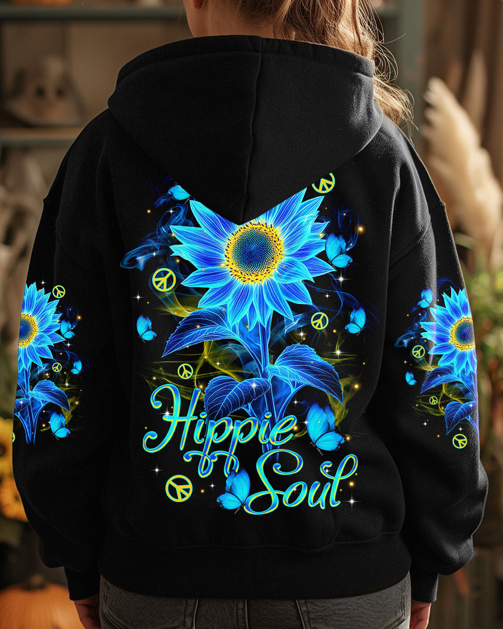 Hippie Soul Blue Sunflower and Peace Signs Graphic AOP Shirts _10_ dHjih