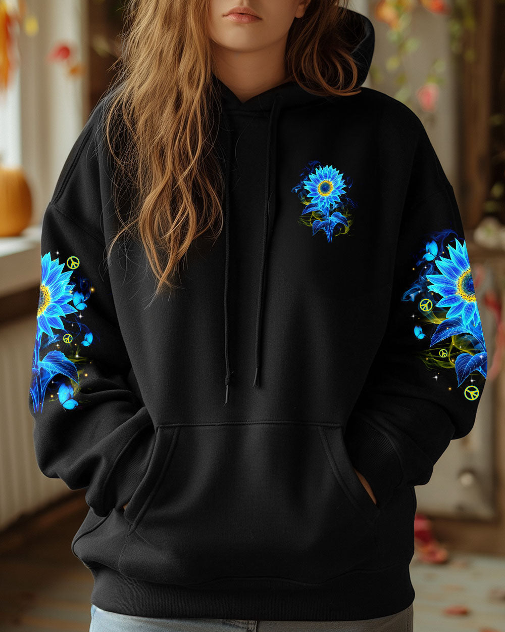 Hippie Soul Blue Sunflower and Peace Signs Graphic AOP Shirts _2_ EWvJS