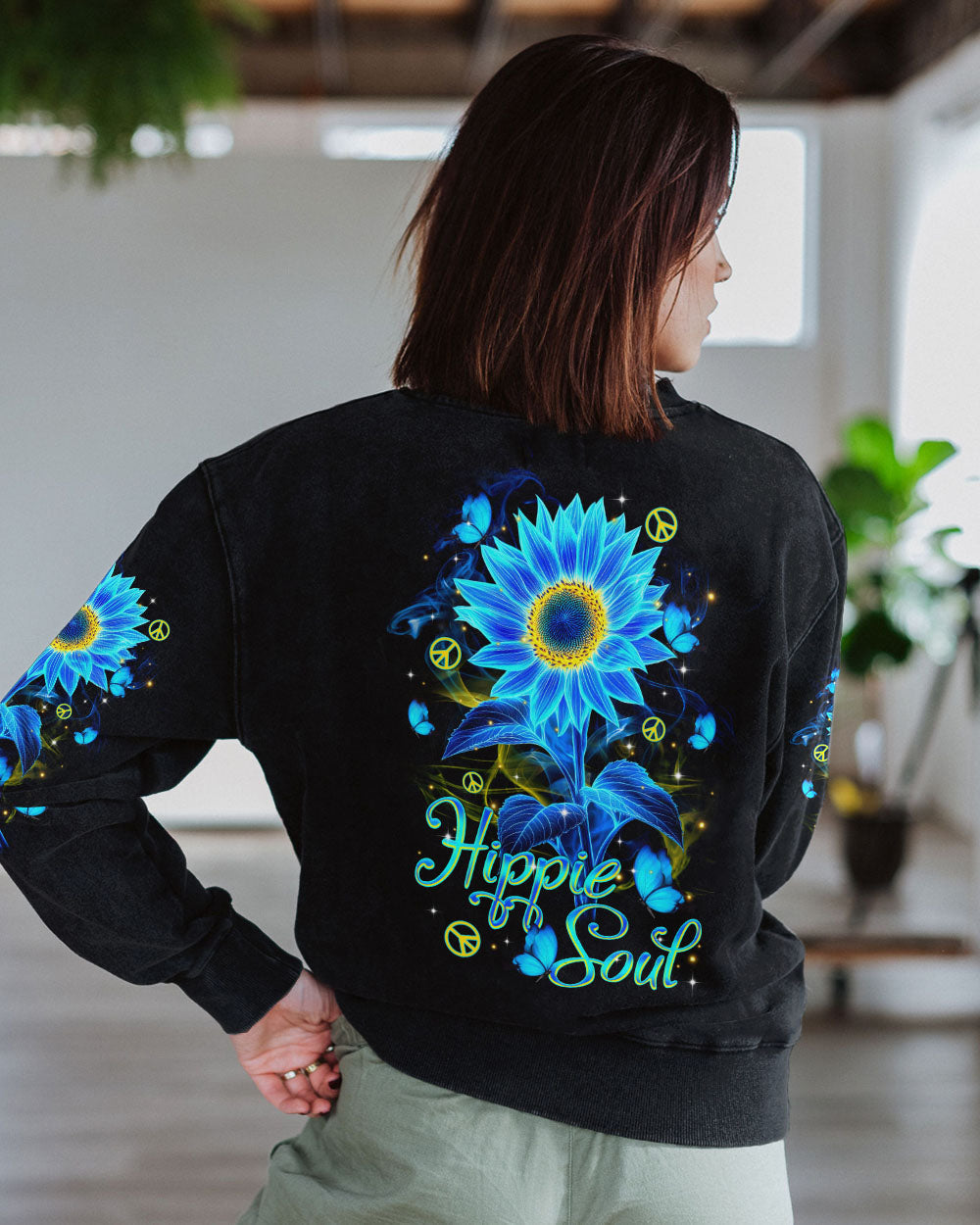 Hippie Soul Blue Sunflower and Peace Signs Graphic AOP Shirts _5_ wnlQG