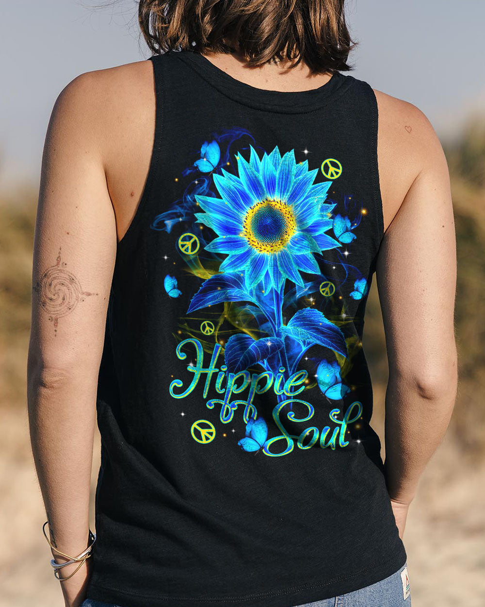 Hippie Soul Blue Sunflower and Peace Signs Graphic AOP Shirts _9_ 7LQGR
