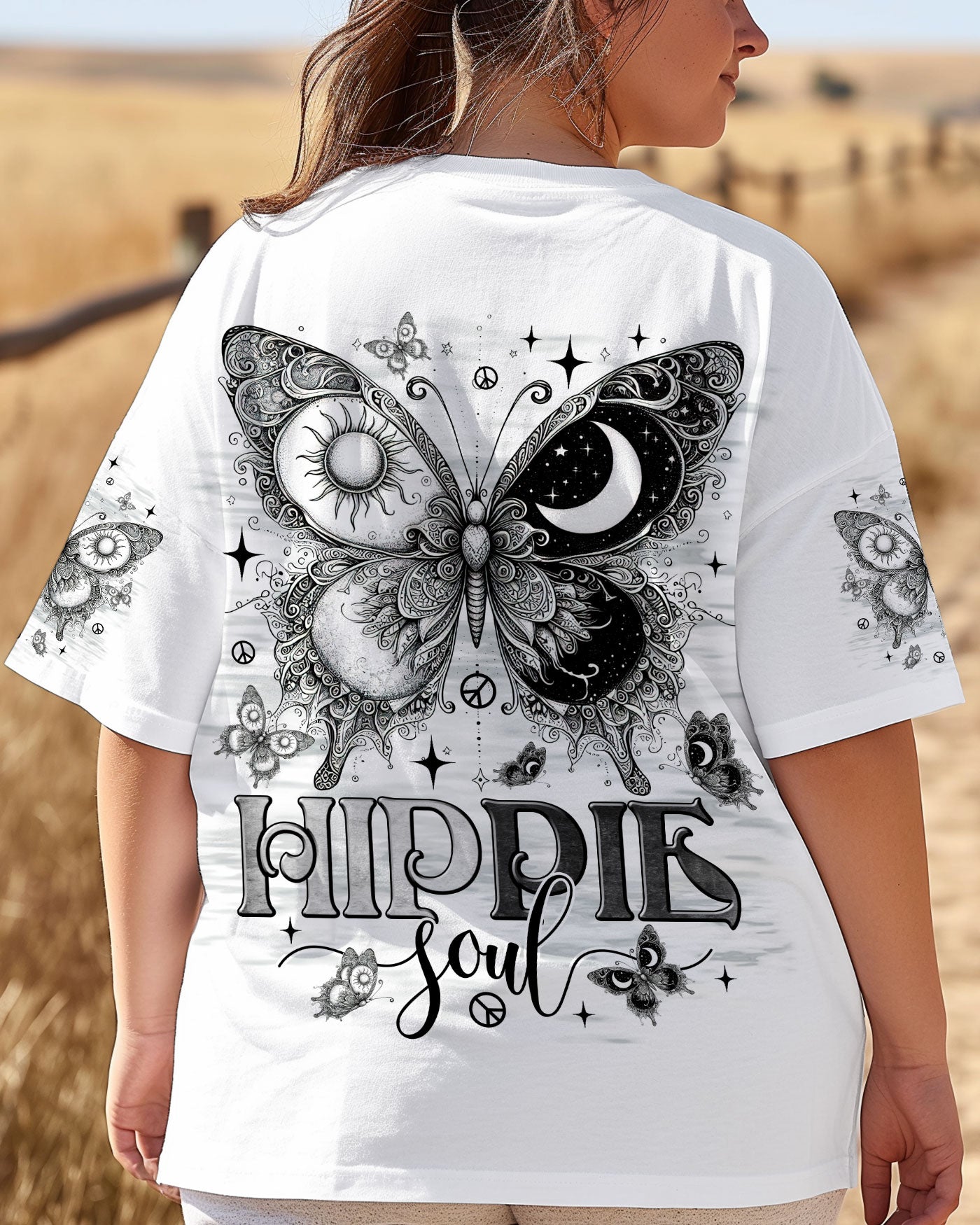 Hippie Soul Butterfly Black _26 White Sun and Moon Tee for Women AOP Shirts _3_ iTWJG