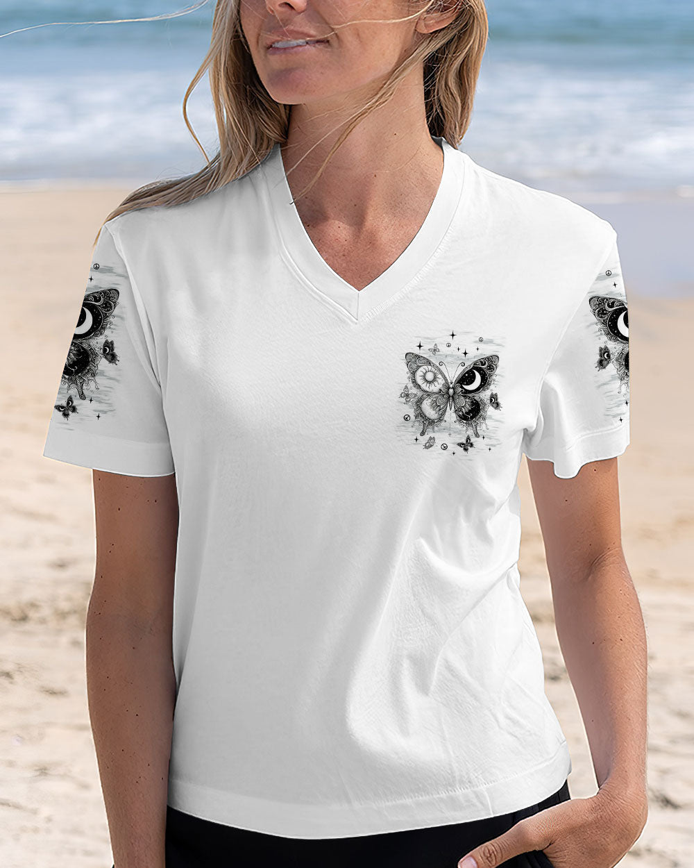 Hippie Soul Butterfly Black _26 White Sun and Moon Tee for Women AOP Shirts _4_ h3dNz