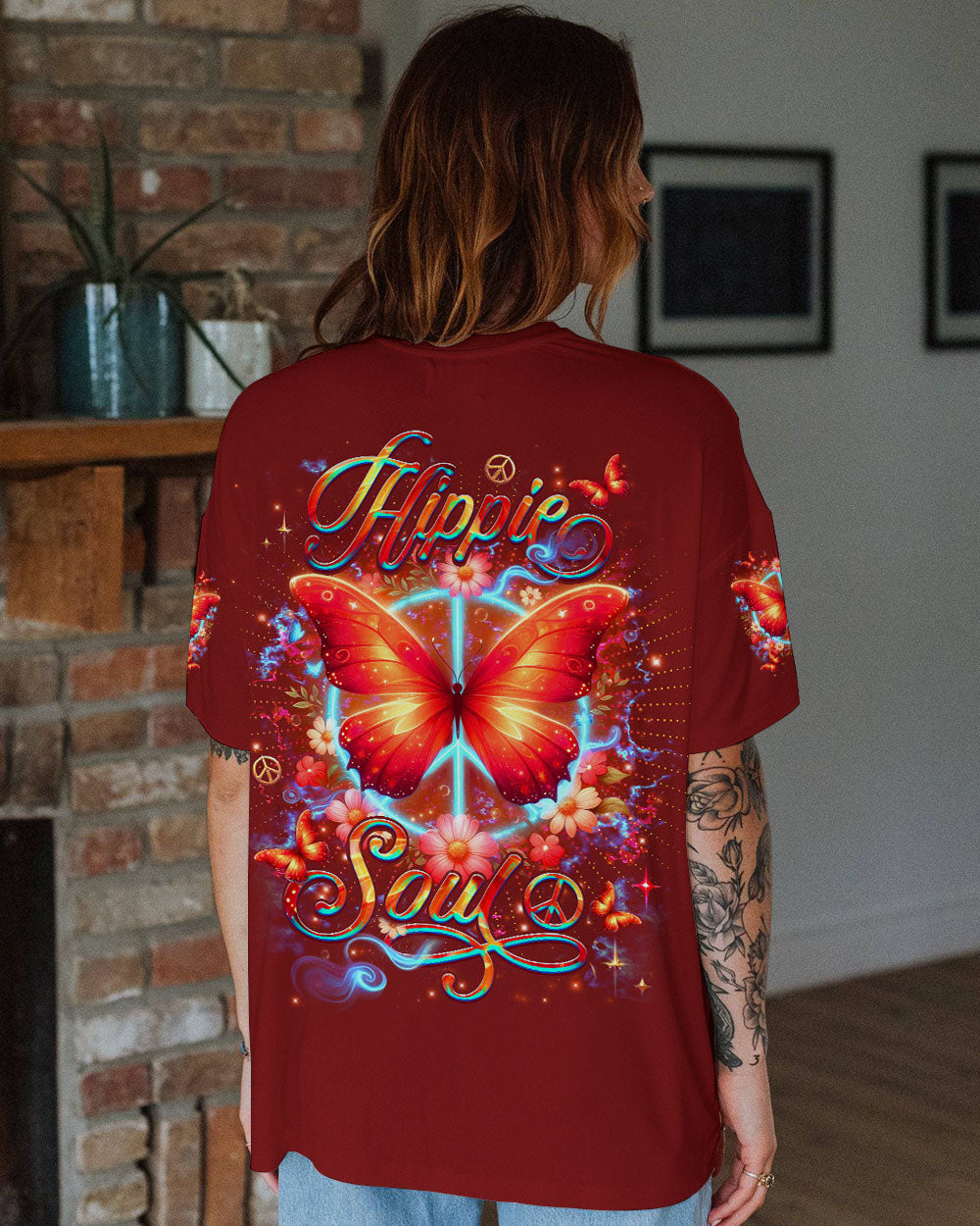 Hippie Soul Butterfly Peaceful Soul Butterfly and Floral Graphic Tee AOP Shirts _1_ F0icS