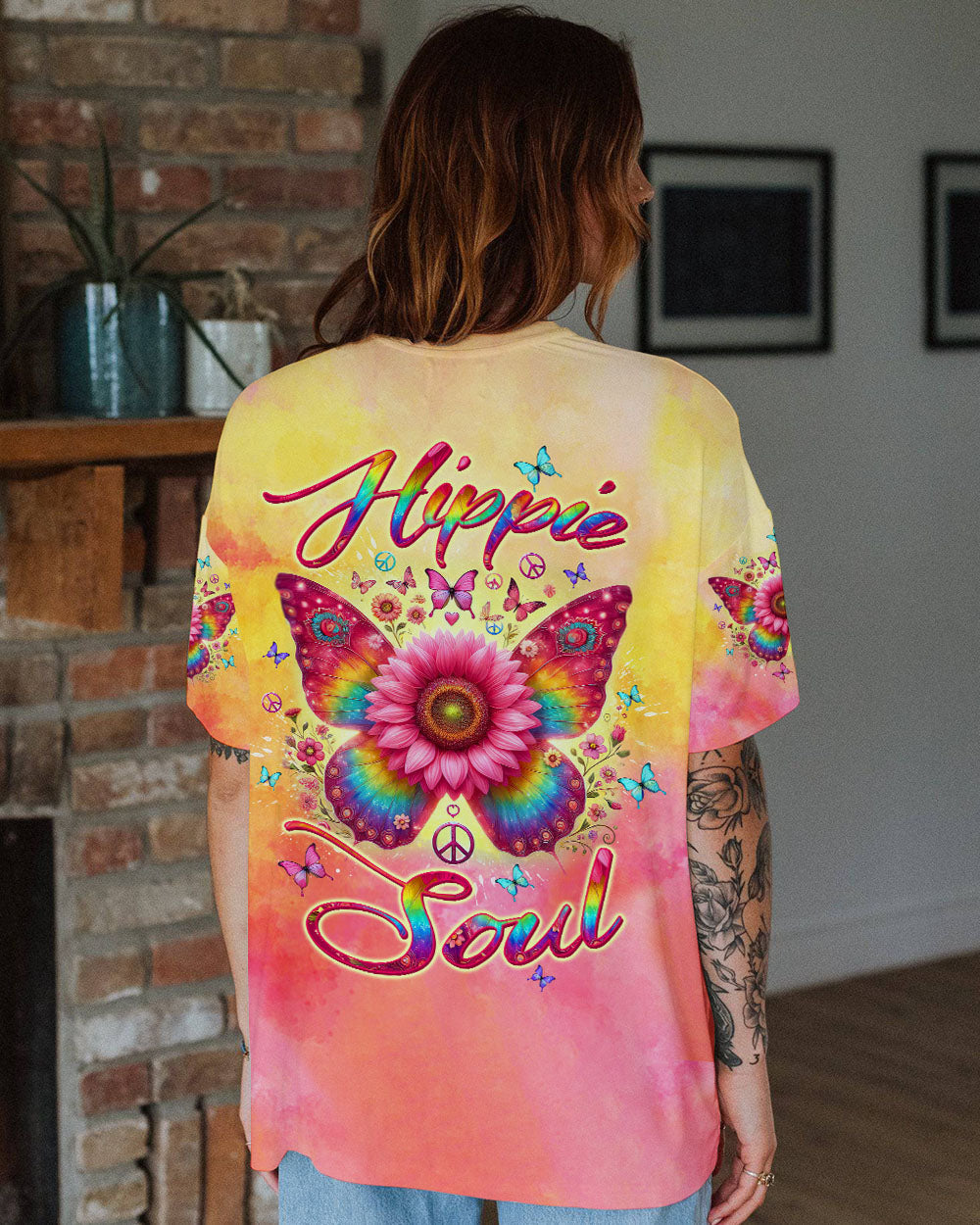 Hippie Soul Butterfly Sunflower Colorful Peace Sign Graphic AOP Shirts _10_ Mz4wf