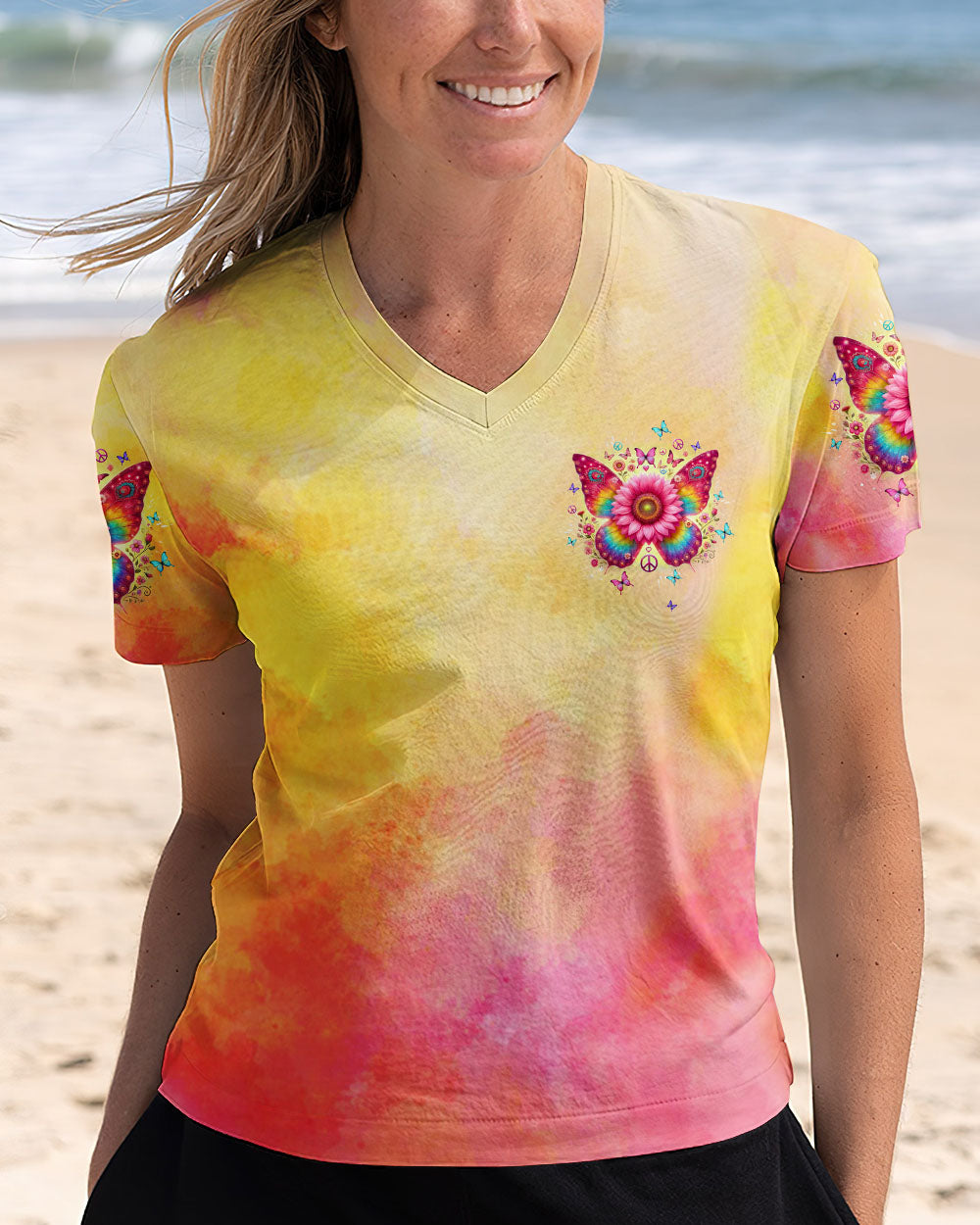 Hippie Soul Butterfly Sunflower Colorful Peace Sign Graphic AOP Shirts _11_ Lutrg