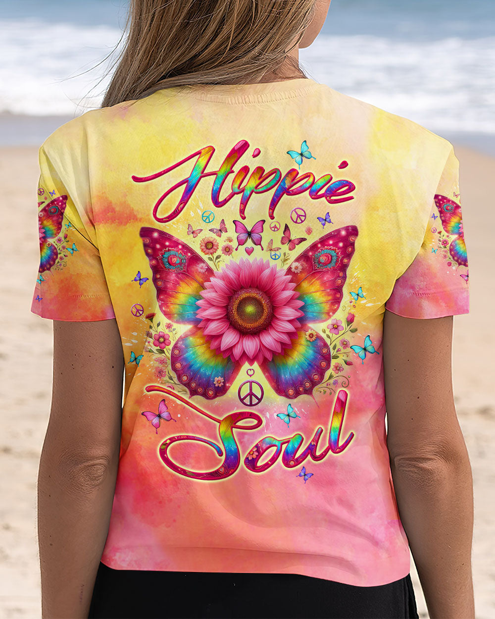 Hippie Soul Butterfly Sunflower Colorful Peace Sign Graphic AOP Shirts _12_ PjXpY