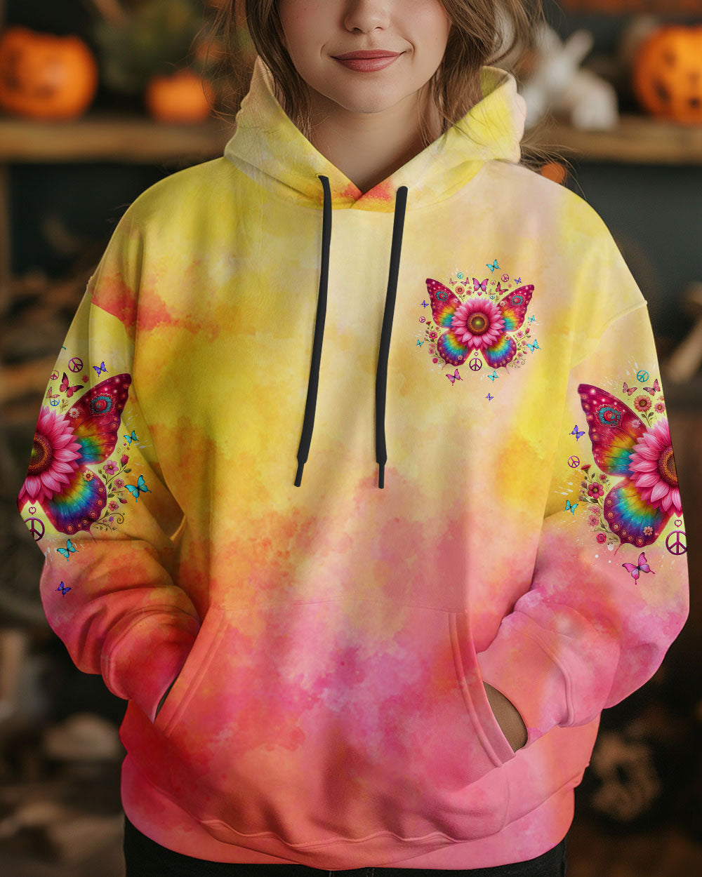 Hippie Soul Butterfly Sunflower Colorful Peace Sign Graphic AOP Shirts _13_ nobMV