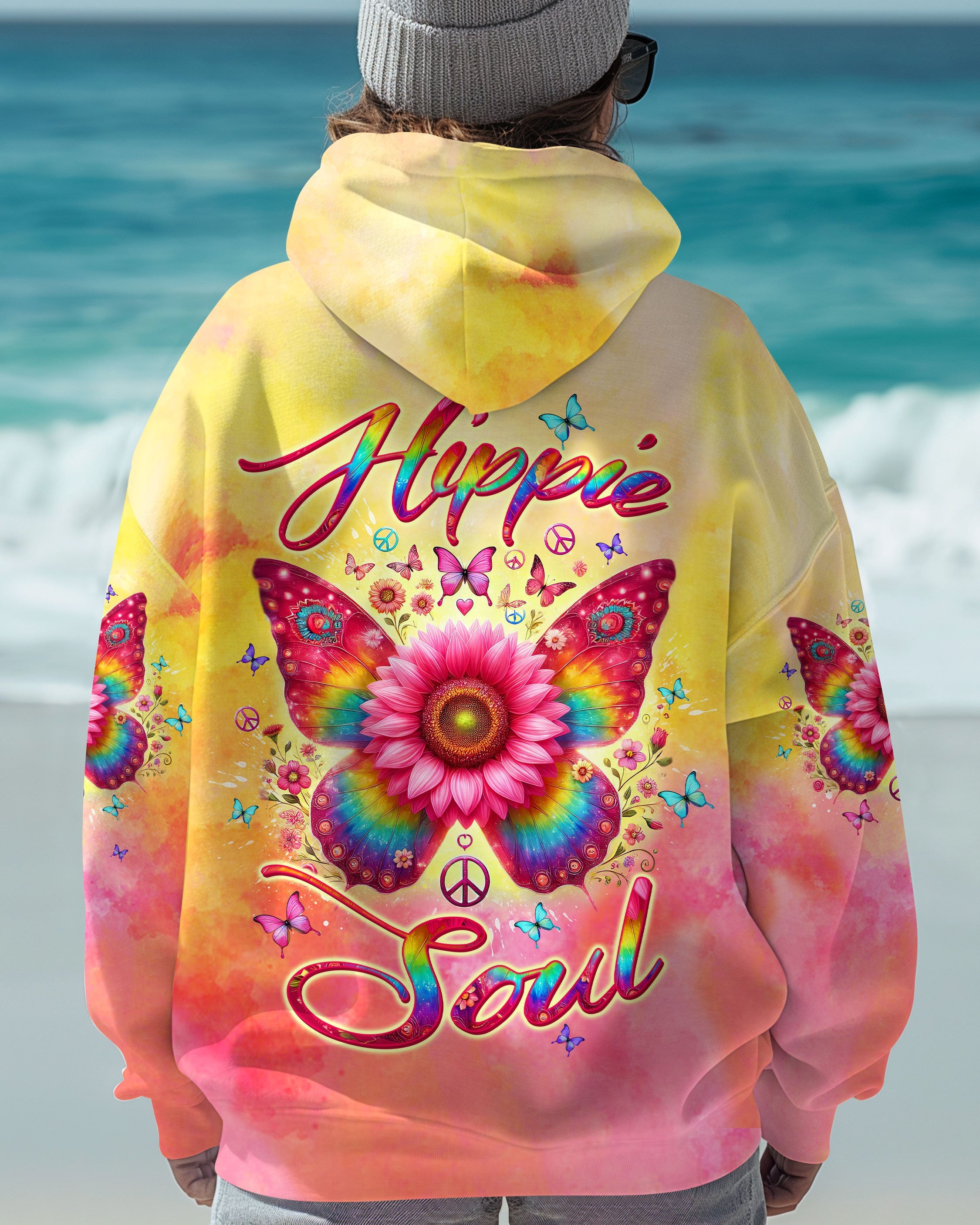 Hippie Soul Butterfly Sunflower Colorful Peace Sign Graphic AOP Shirts _1_ RbFY4