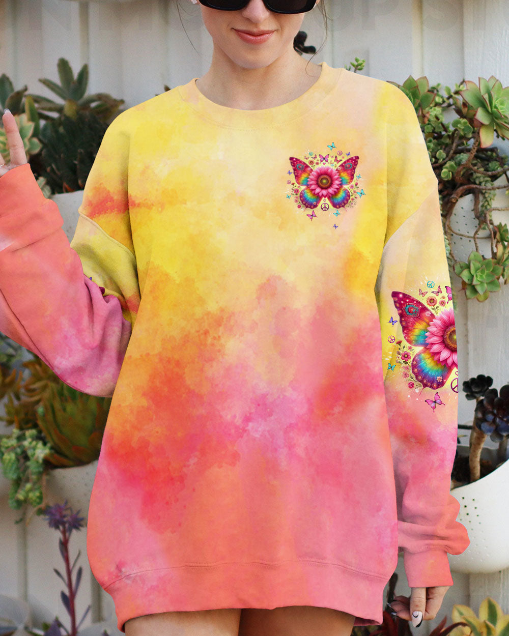 Hippie Soul Butterfly Sunflower Colorful Peace Sign Graphic AOP Shirts _2_ zfbI6
