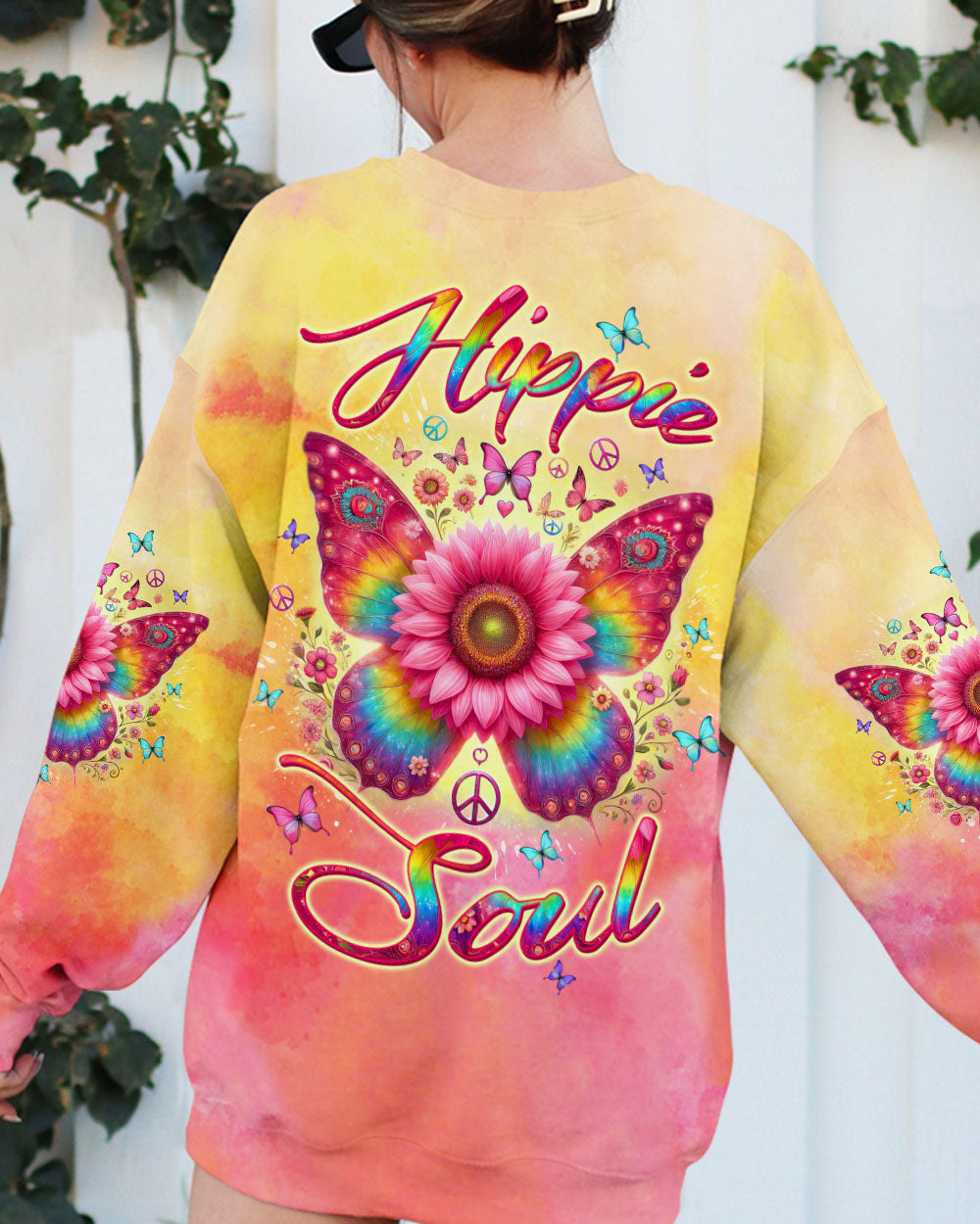 Hippie Soul Butterfly Sunflower Colorful Peace Sign Graphic AOP Shirts _3_ bXx0v
