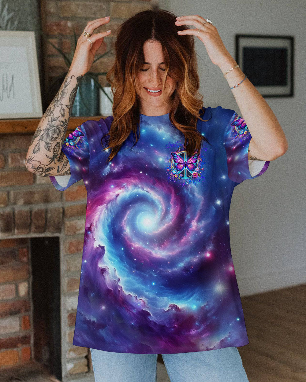 Hippie Soul Galaxy Peace Sign Butterfly Tie Dye Graphic AOP Shirts _10_ Cqrmc