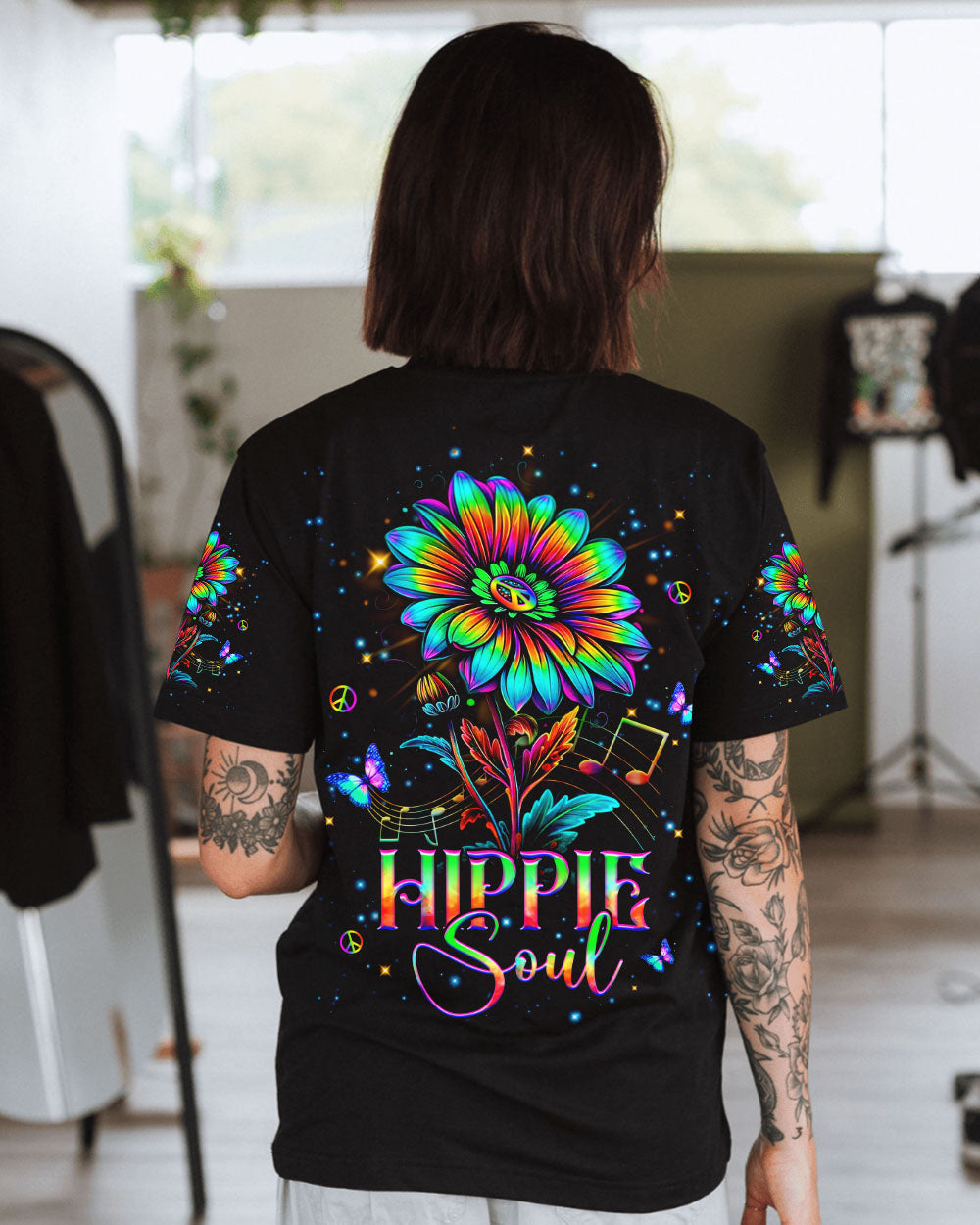 Hippie Soul Music Sunflower and Peace Symbol Graphic AOP Shirts _10_ HARxp