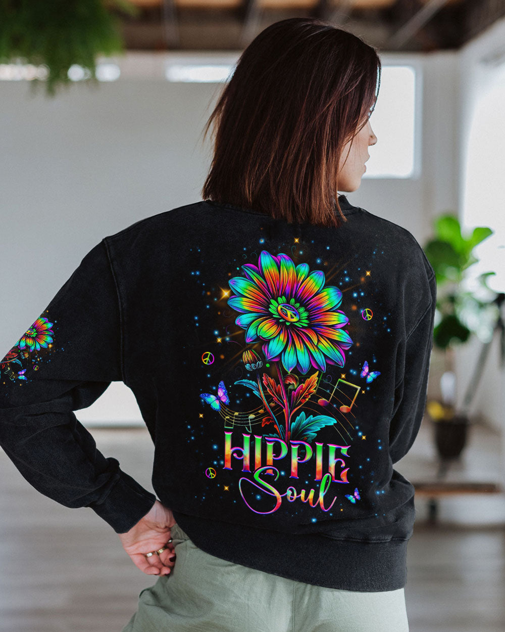 Hippie Soul Music Sunflower and Peace Symbol Graphic AOP Shirts _3_ ugClP