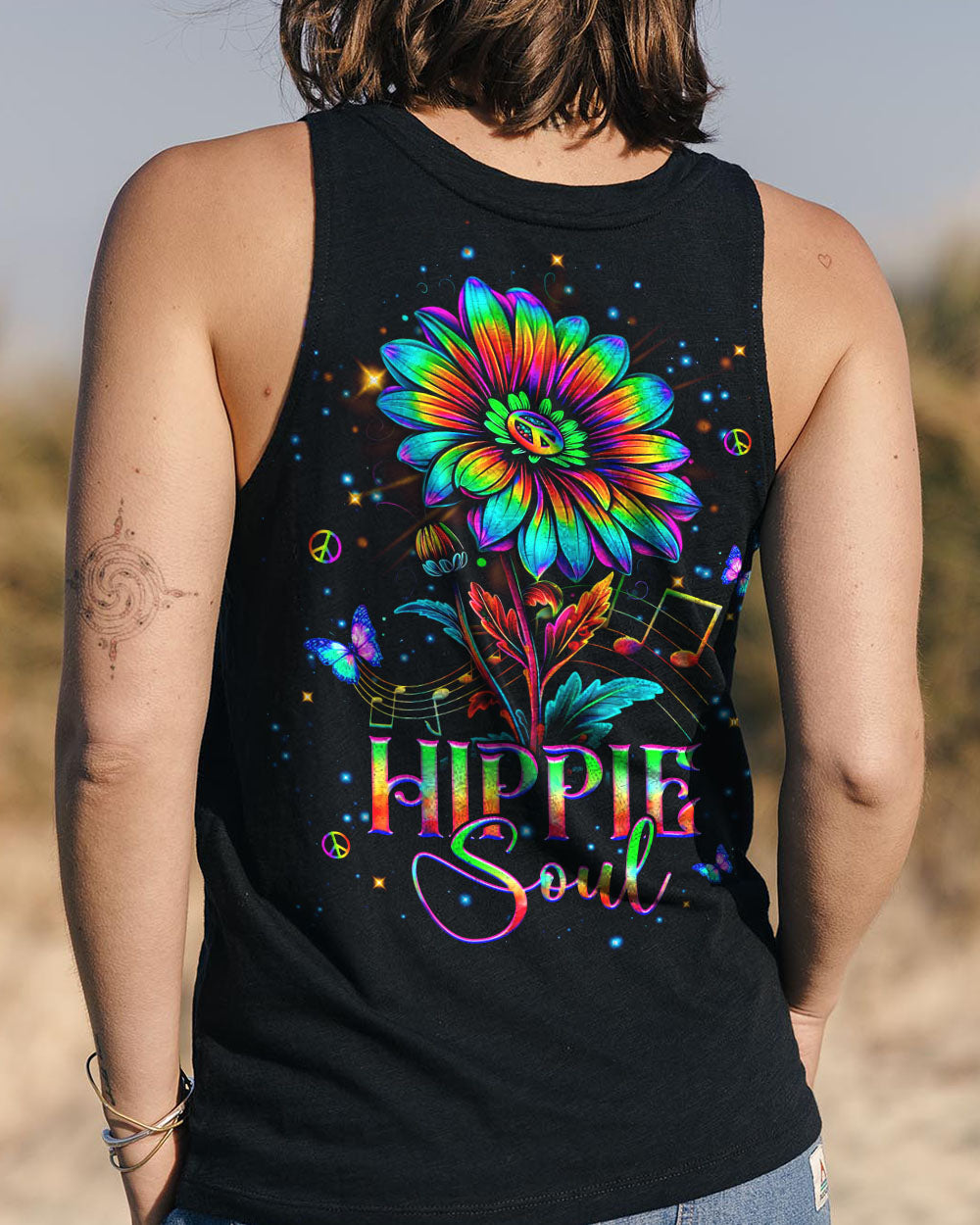 Hippie Soul Music Sunflower and Peace Symbol Graphic AOP Shirts _7_ d10PJ