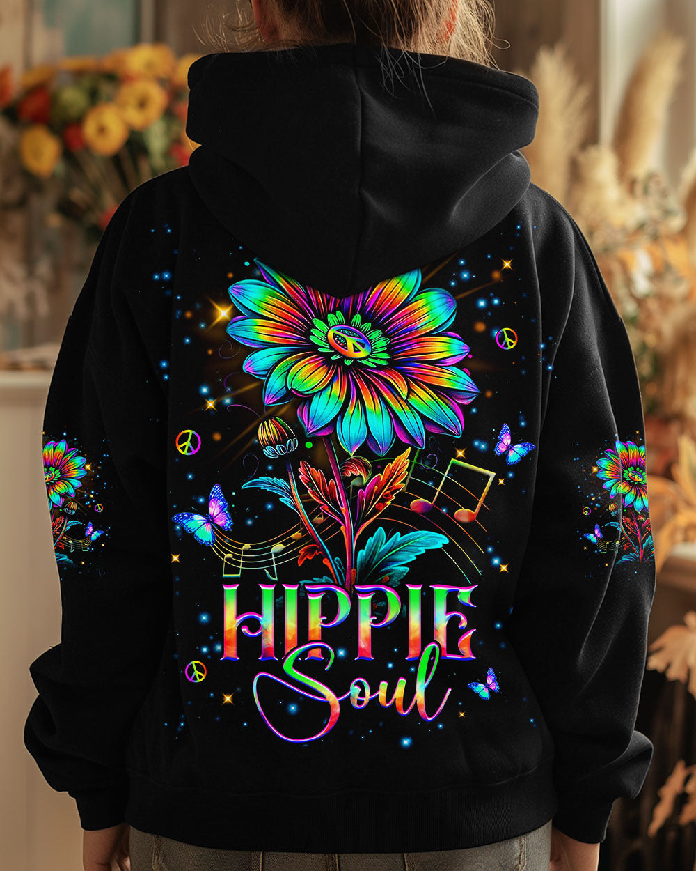 Hippie Soul Music Sunflower and Peace Symbol Graphic AOP Shirts _8_ C3fIJ
