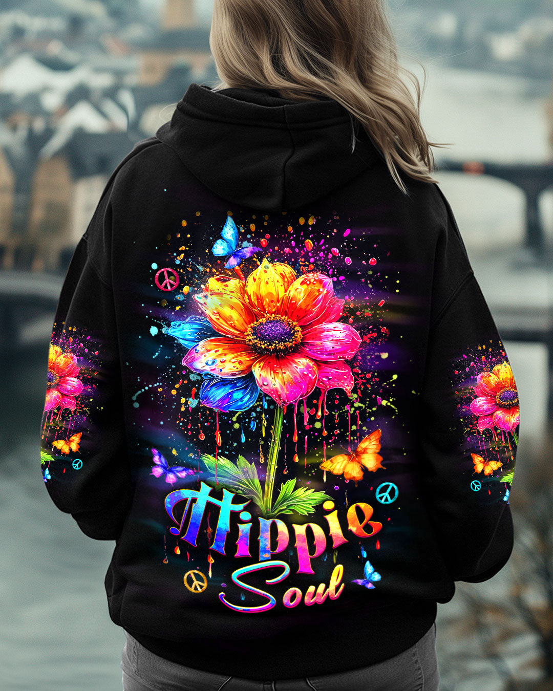 Hippie Soul Neon Flower and Peace Sign Colorful Hippie AOP Shirts _1_ P8LDt