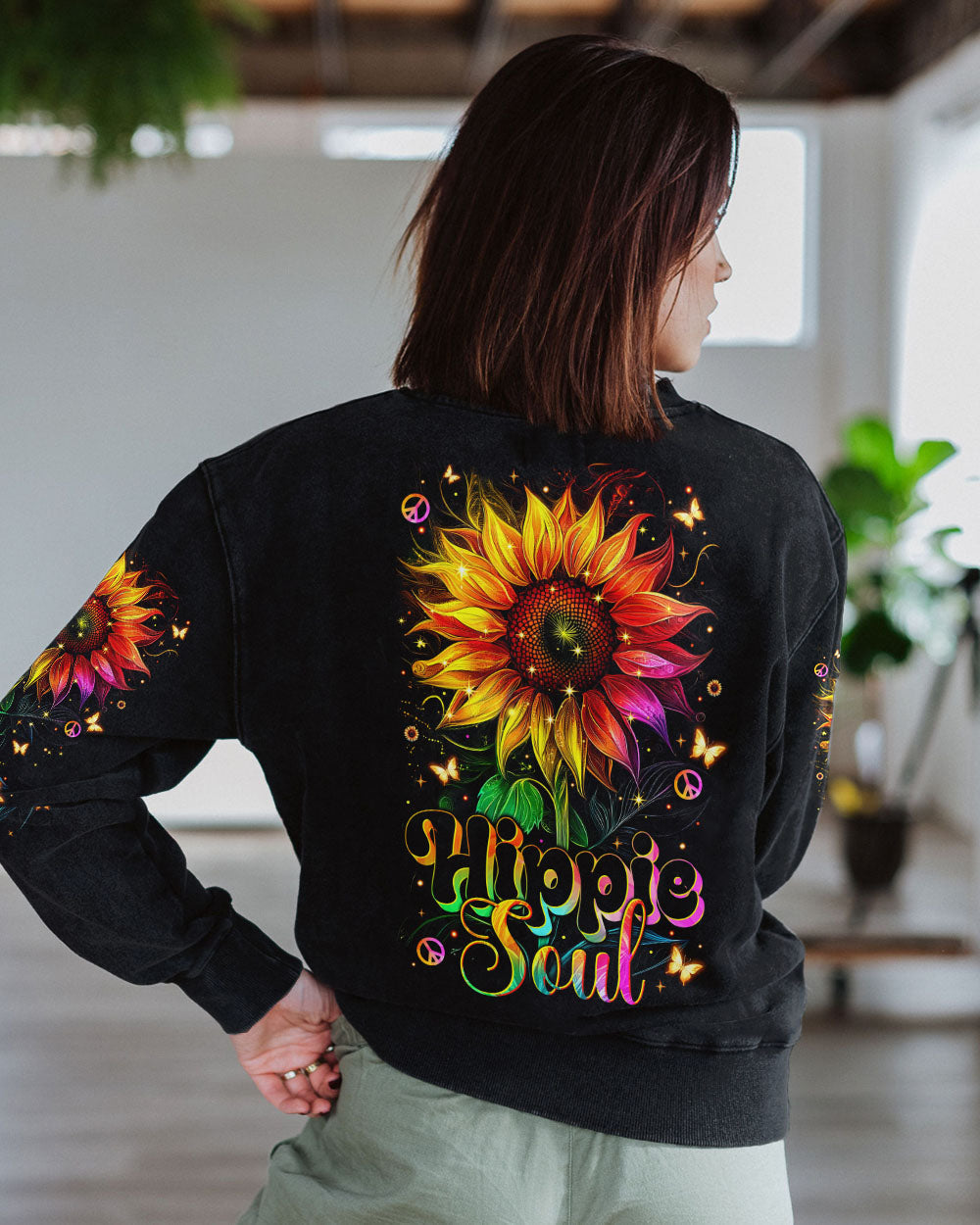 Hippie Soul Neon Psychedelic Sunflower with Peace Sign Boho Graphic AOP Shirts _10_ SsEty