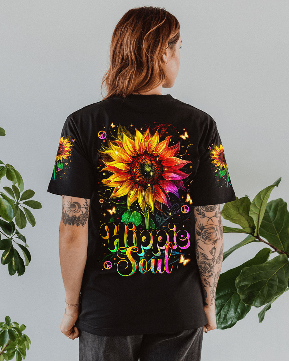 Hippie Soul Neon Psychedelic Sunflower with Peace Sign Boho Graphic AOP Shirts _12_ LDmwf