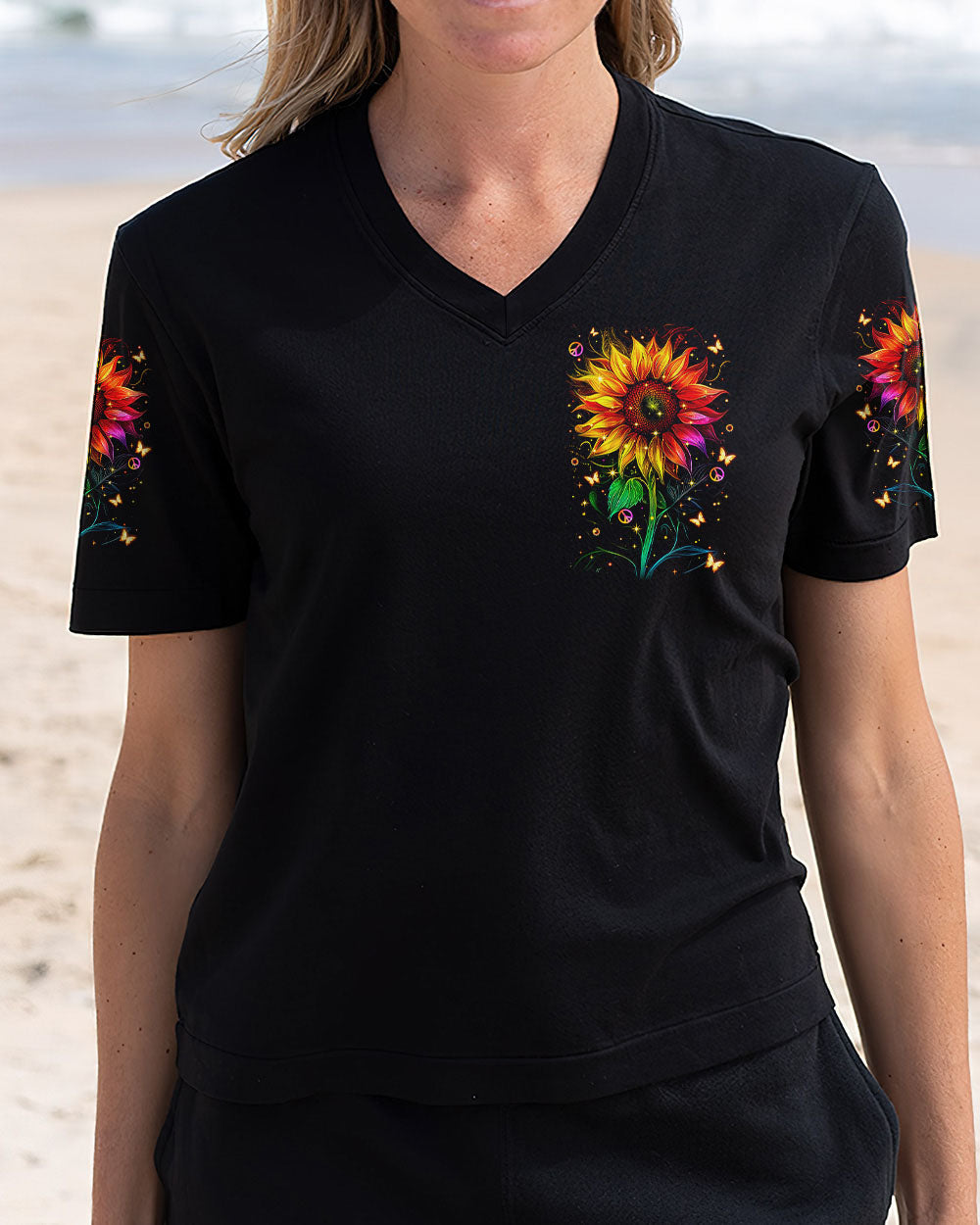 Hippie Soul Neon Psychedelic Sunflower with Peace Sign Boho Graphic AOP Shirts _13_ tqmMr