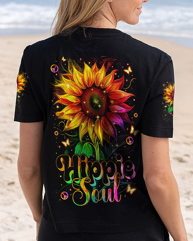 Hippie Soul - Neon Psychedelic Sunflower with Peace Sign Boho Graphic - AOP Shirts