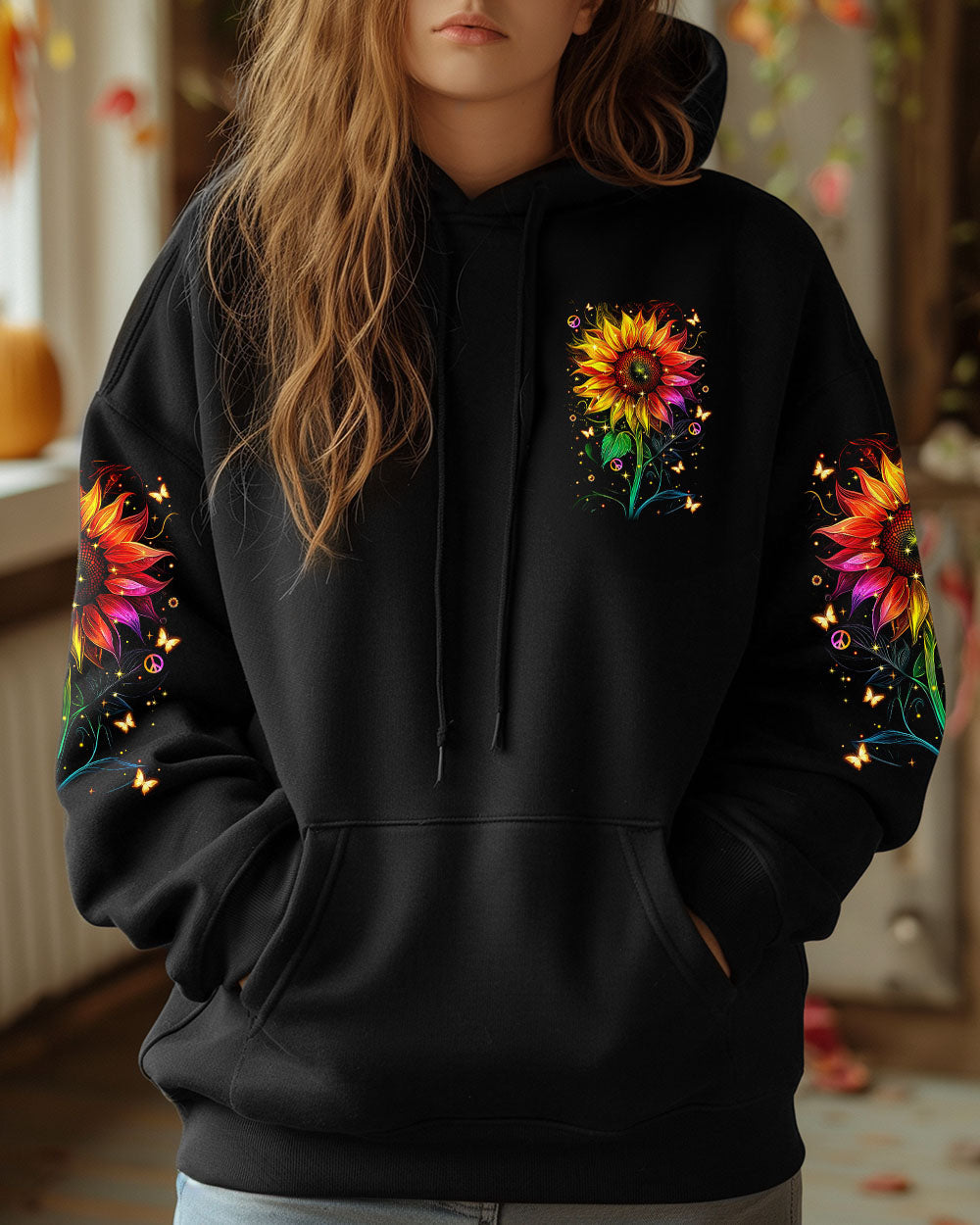 Hippie Soul Neon Psychedelic Sunflower with Peace Sign Boho Graphic AOP Shirts _2_ lCVqz