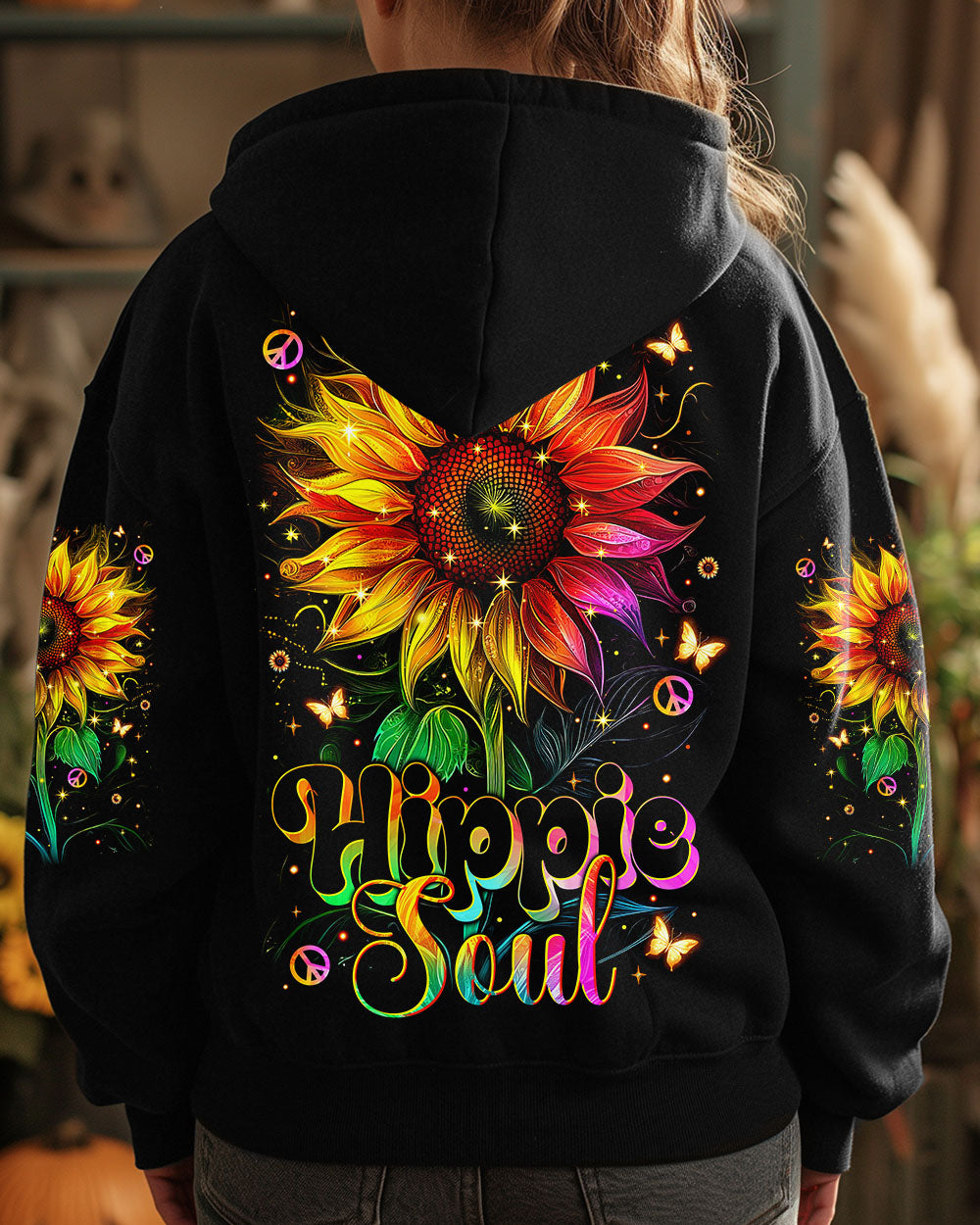 Hippie Soul Neon Psychedelic Sunflower with Peace Sign Boho Graphic AOP Shirts _3_ KBi19