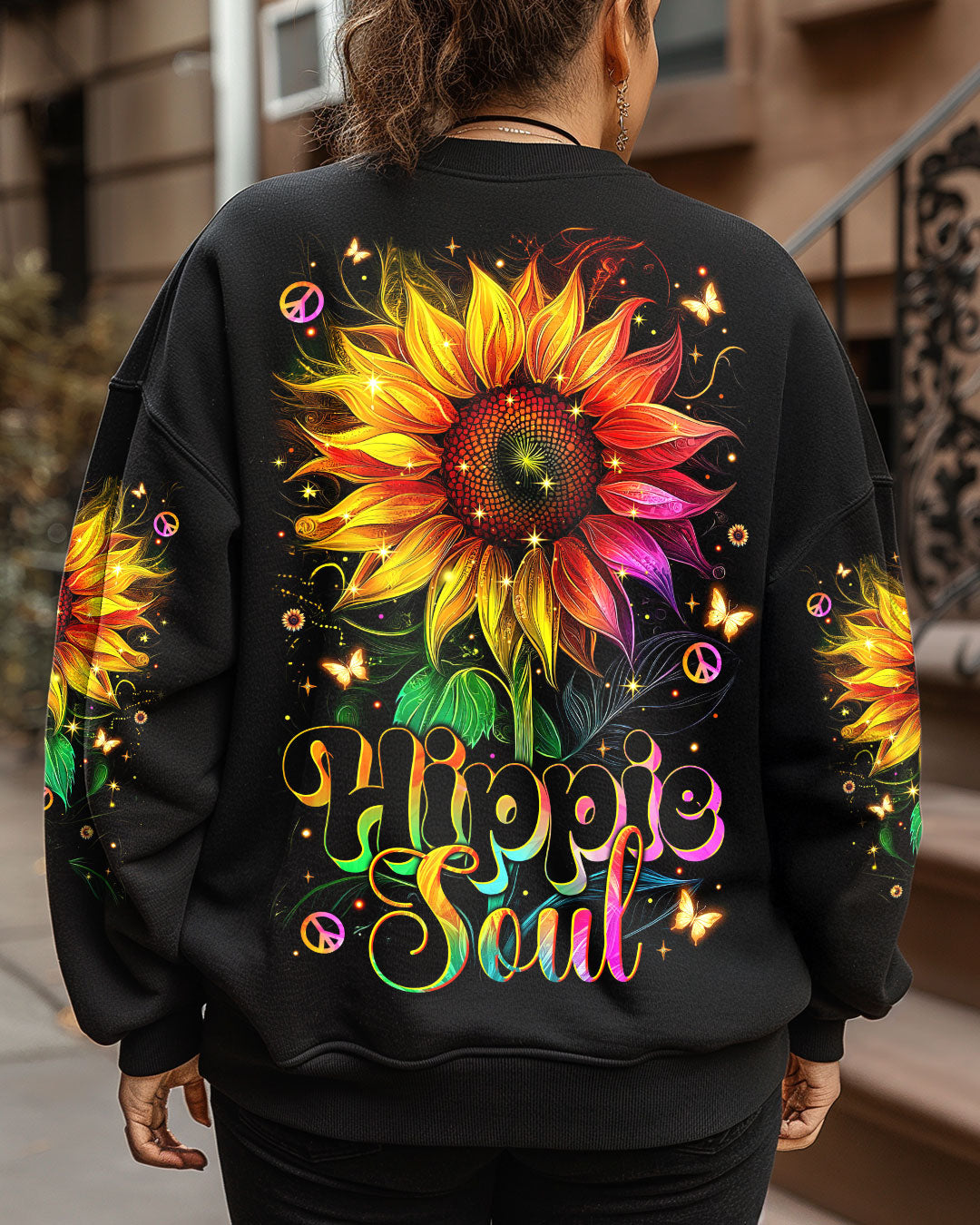 Hippie Soul Neon Psychedelic Sunflower with Peace Sign Boho Graphic AOP Shirts _5_ 7tttF