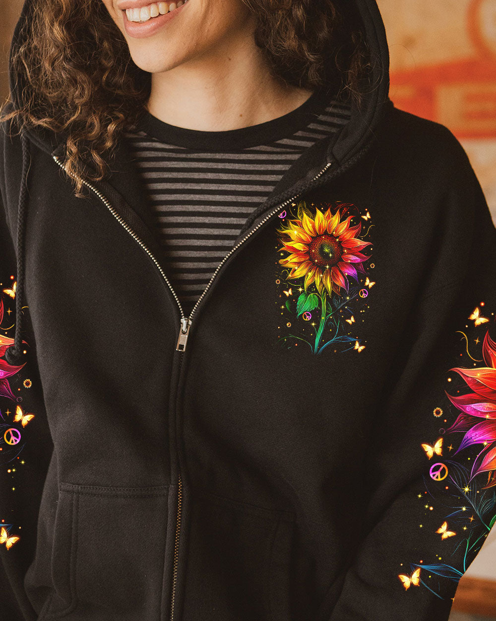 Hippie Soul Neon Psychedelic Sunflower with Peace Sign Boho Graphic AOP Shirts _6_ 5wKhF