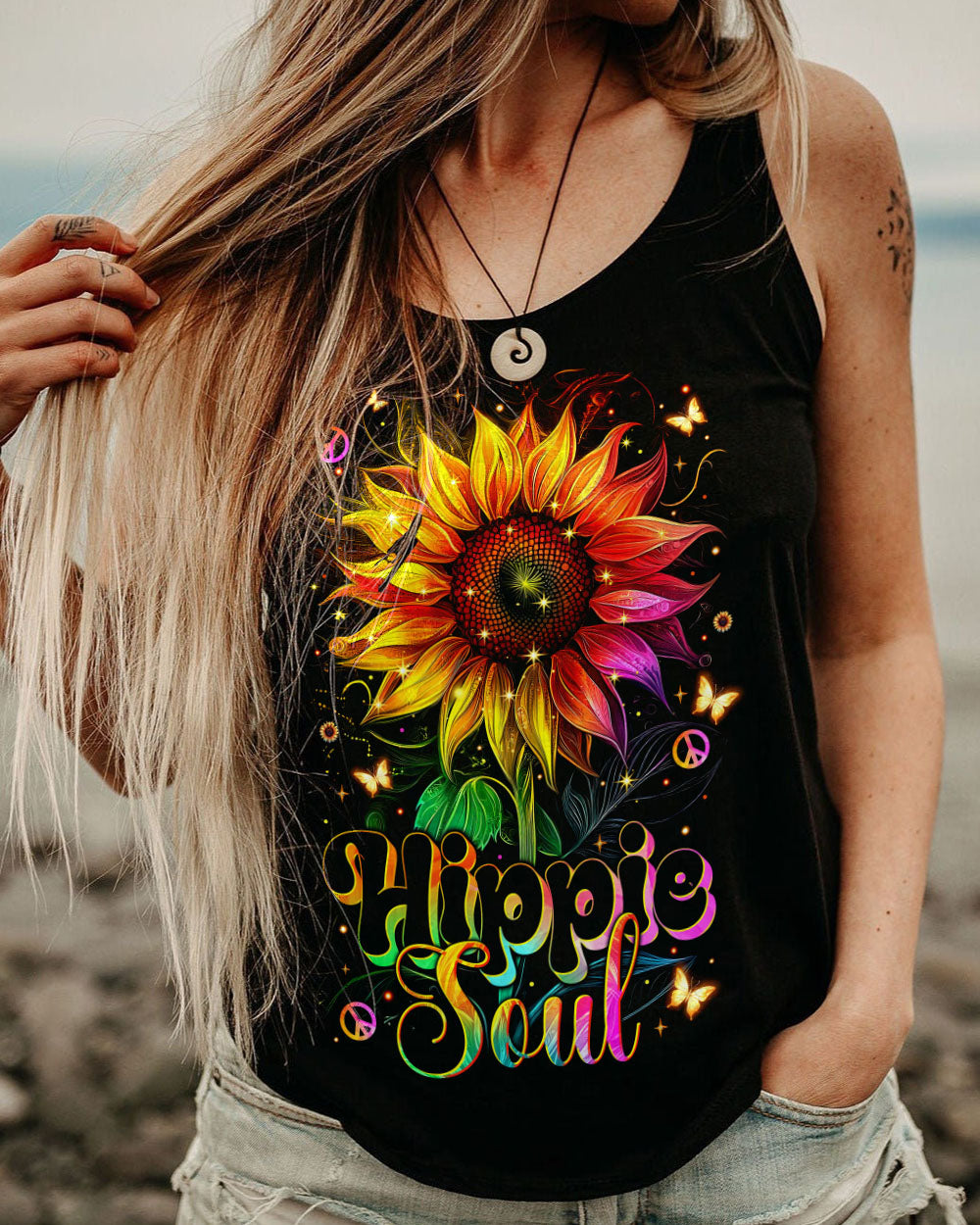 Hippie Soul Neon Psychedelic Sunflower with Peace Sign Boho Graphic AOP Shirts _7_ Kq0q8