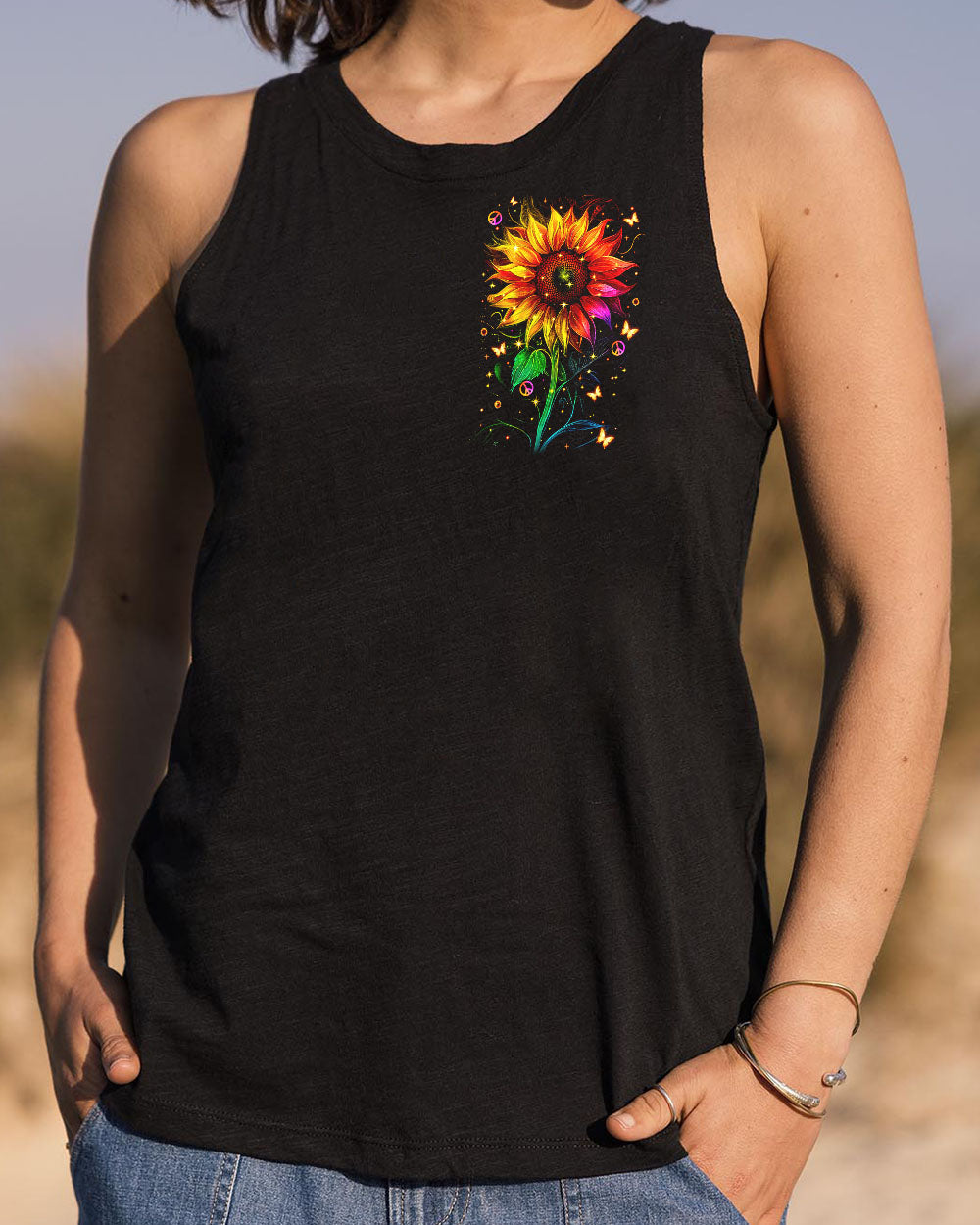 Hippie Soul Neon Psychedelic Sunflower with Peace Sign Boho Graphic AOP Shirts _8_ QZaDv