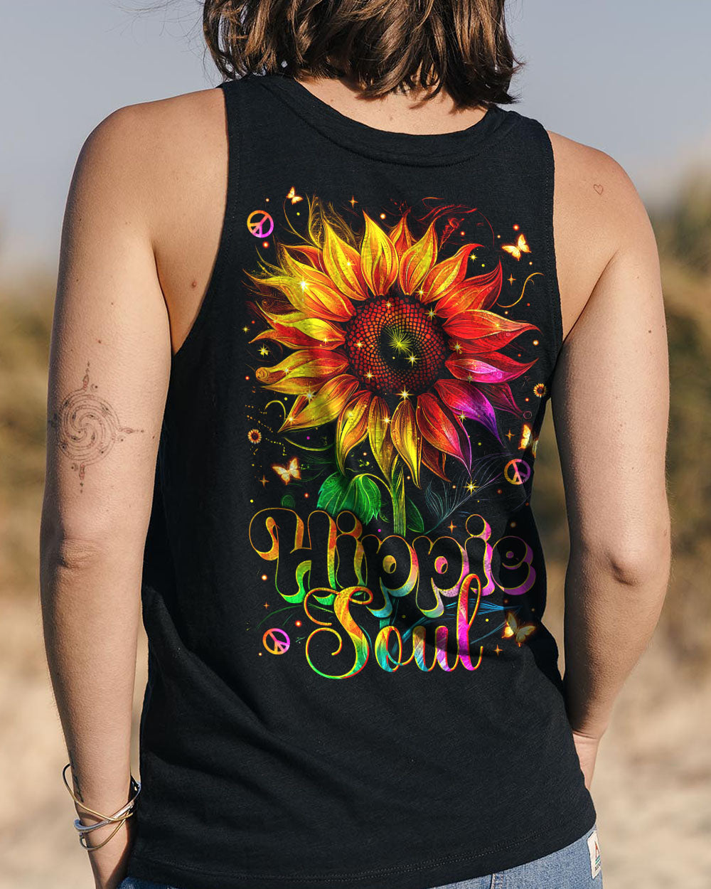 Hippie Soul Neon Psychedelic Sunflower with Peace Sign Boho Graphic AOP Shirts _9_ GNNte