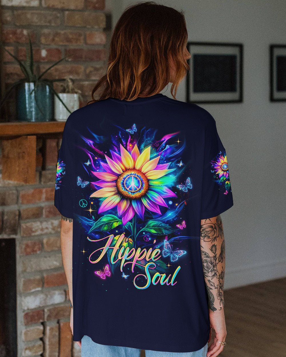 Hippie Soul Sunflower Colorful Butterflies Peace Flower Graphic AOP Shirts _11_ lnhvH