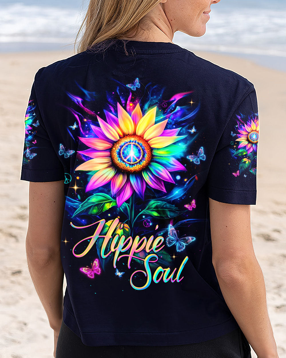 Hippie Soul Sunflower Colorful Butterflies Peace Flower Graphic AOP Shirts _13_ 8NnGQ
