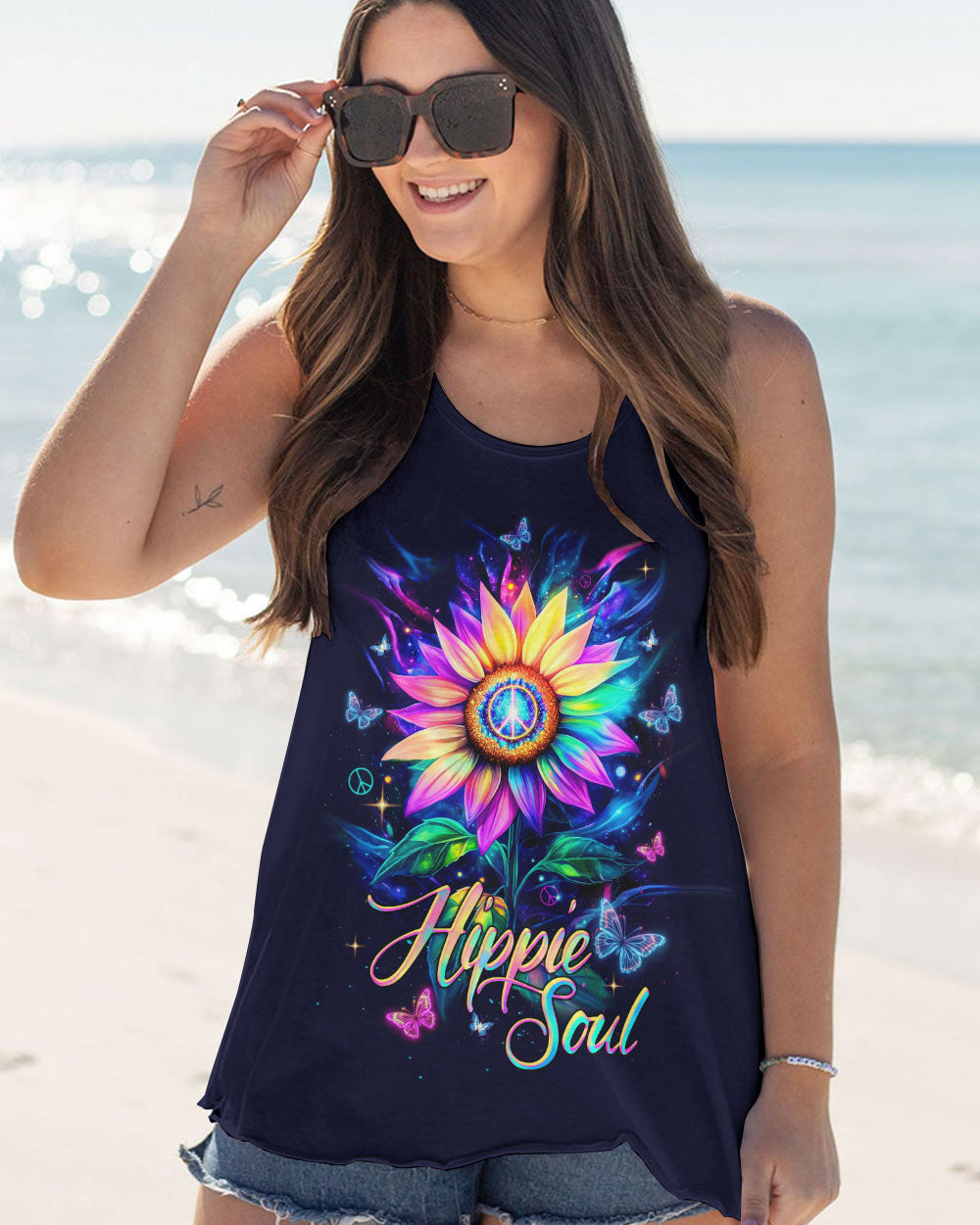 Hippie Soul Sunflower Colorful Butterflies Peace Flower Graphic AOP Shirts _5_ y7Q6K